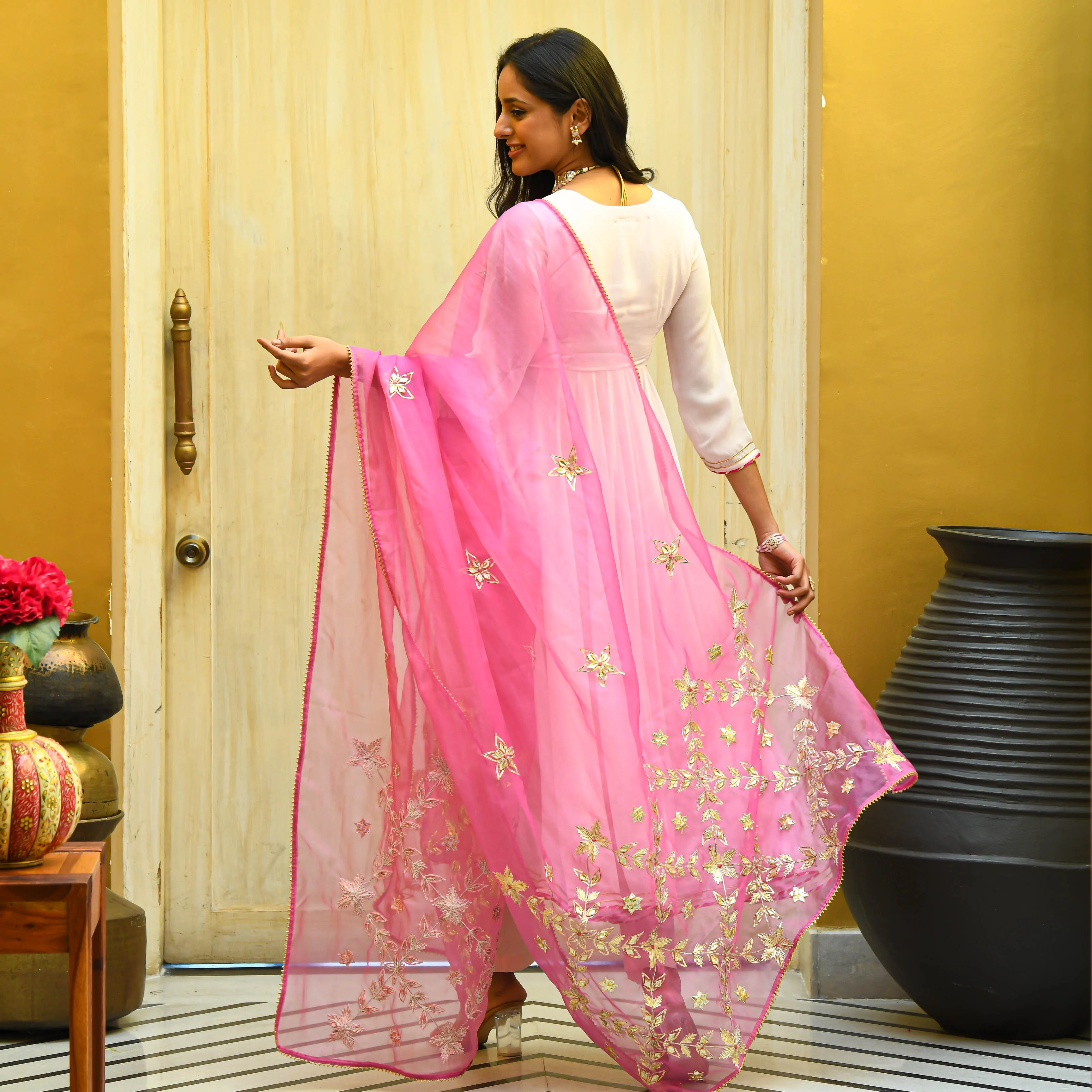 Bunaai Baby Pink Georgette Gota Suit Set - Woolfily