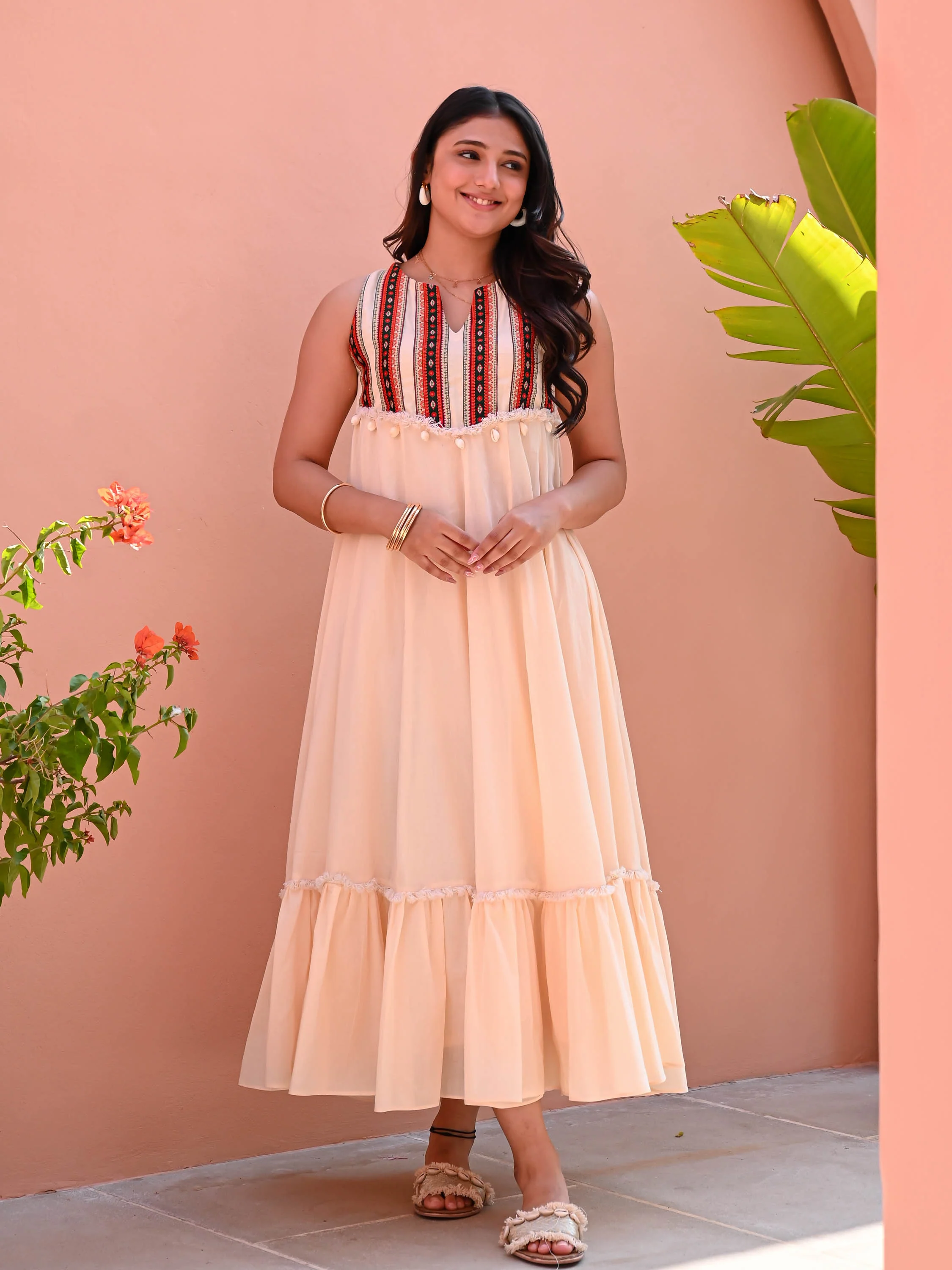 Beige Cotton Dress with Neck Detail - Woolfily