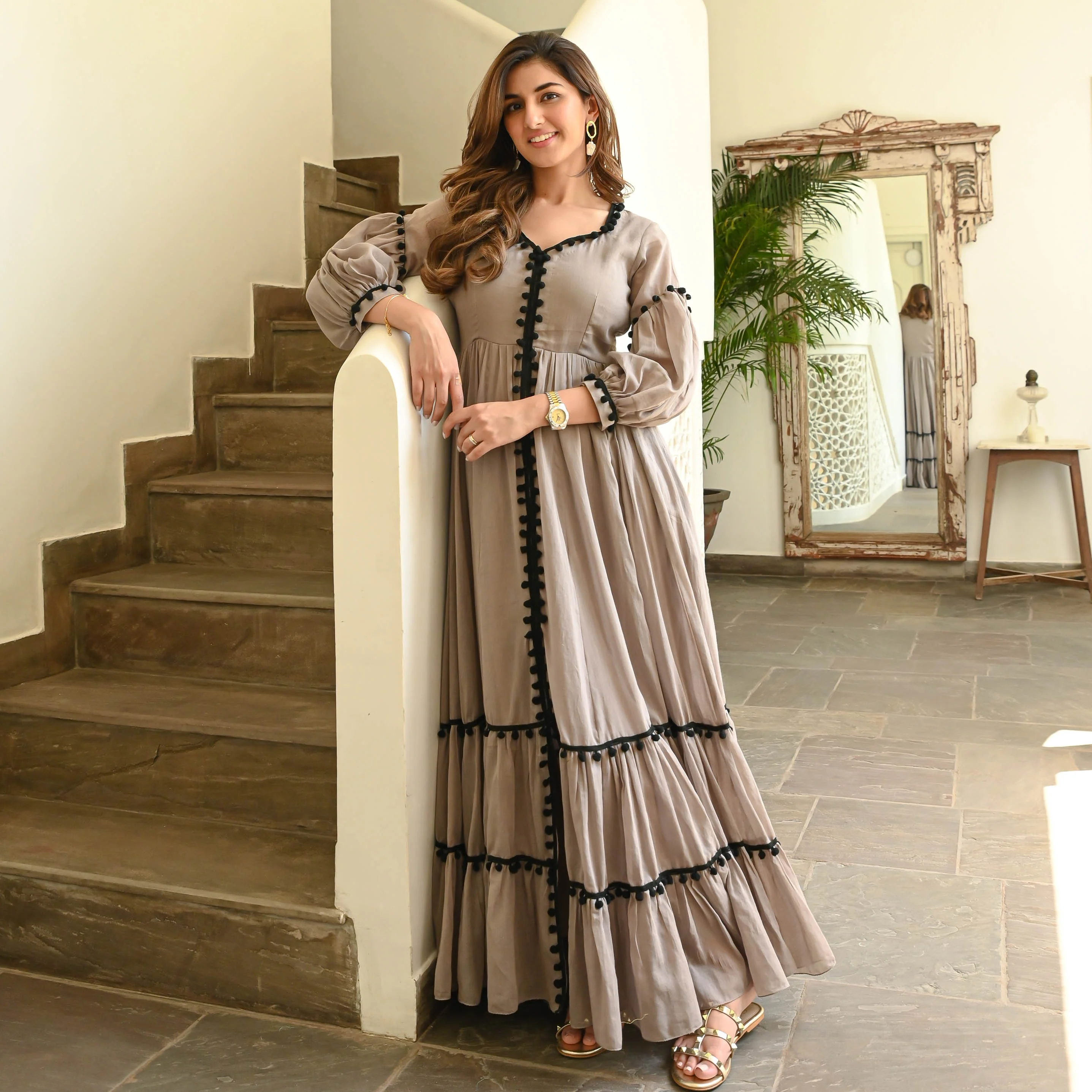 Bunaai Grey Black Pompom Cotton Dress - Woolfily