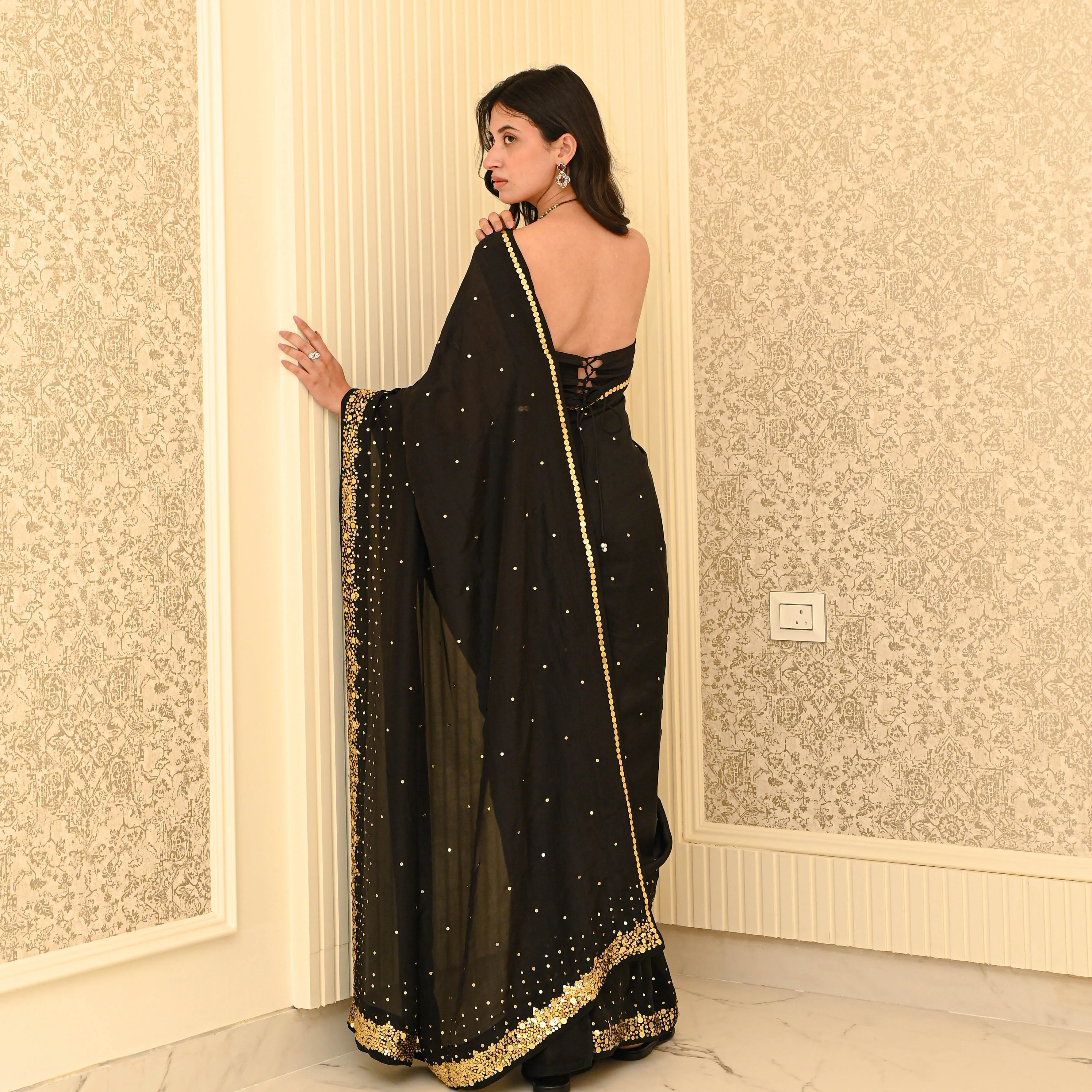 Charmed Black Organza Saree - Woolfily