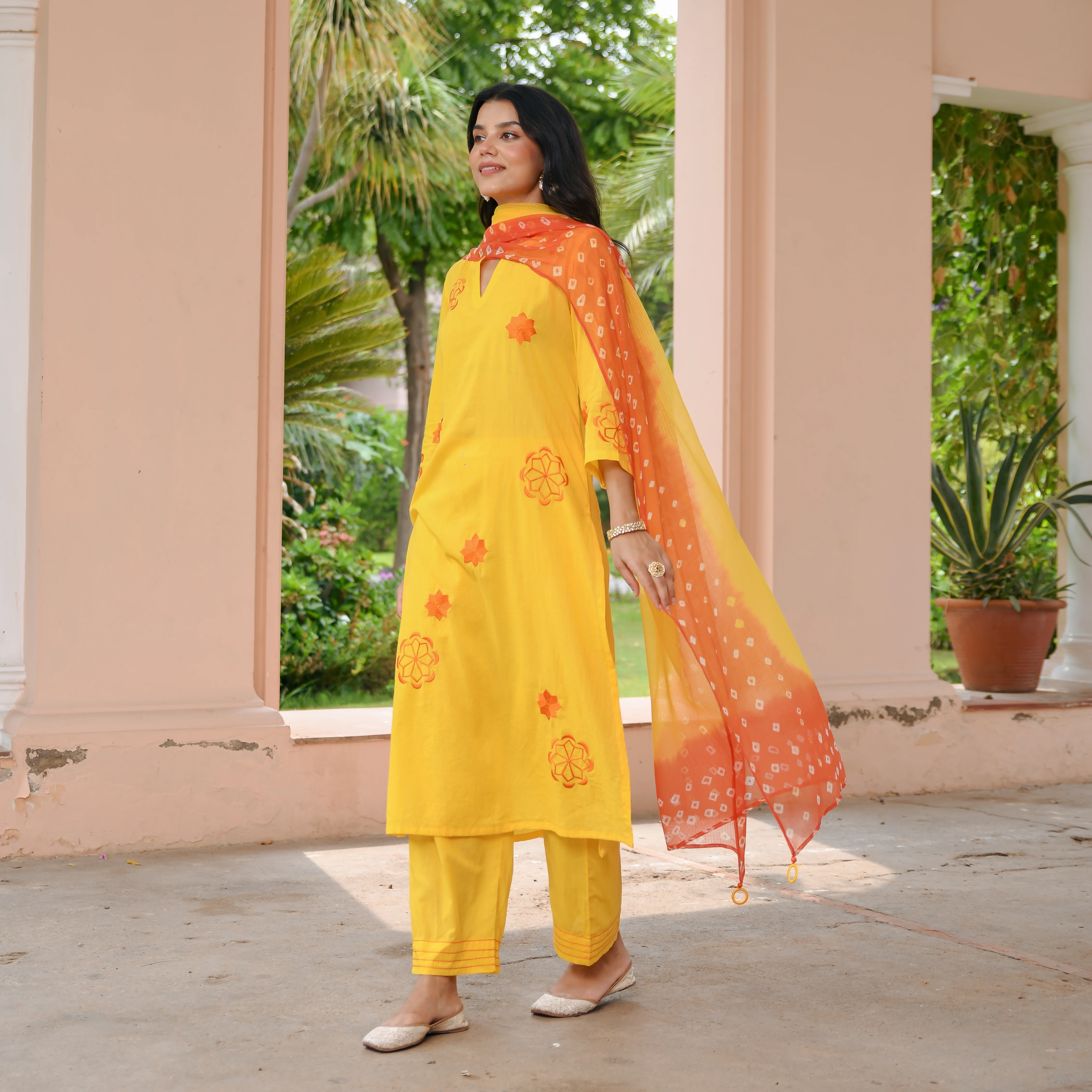 Yellow Bandhej Cotton Suit Set - Woolfily