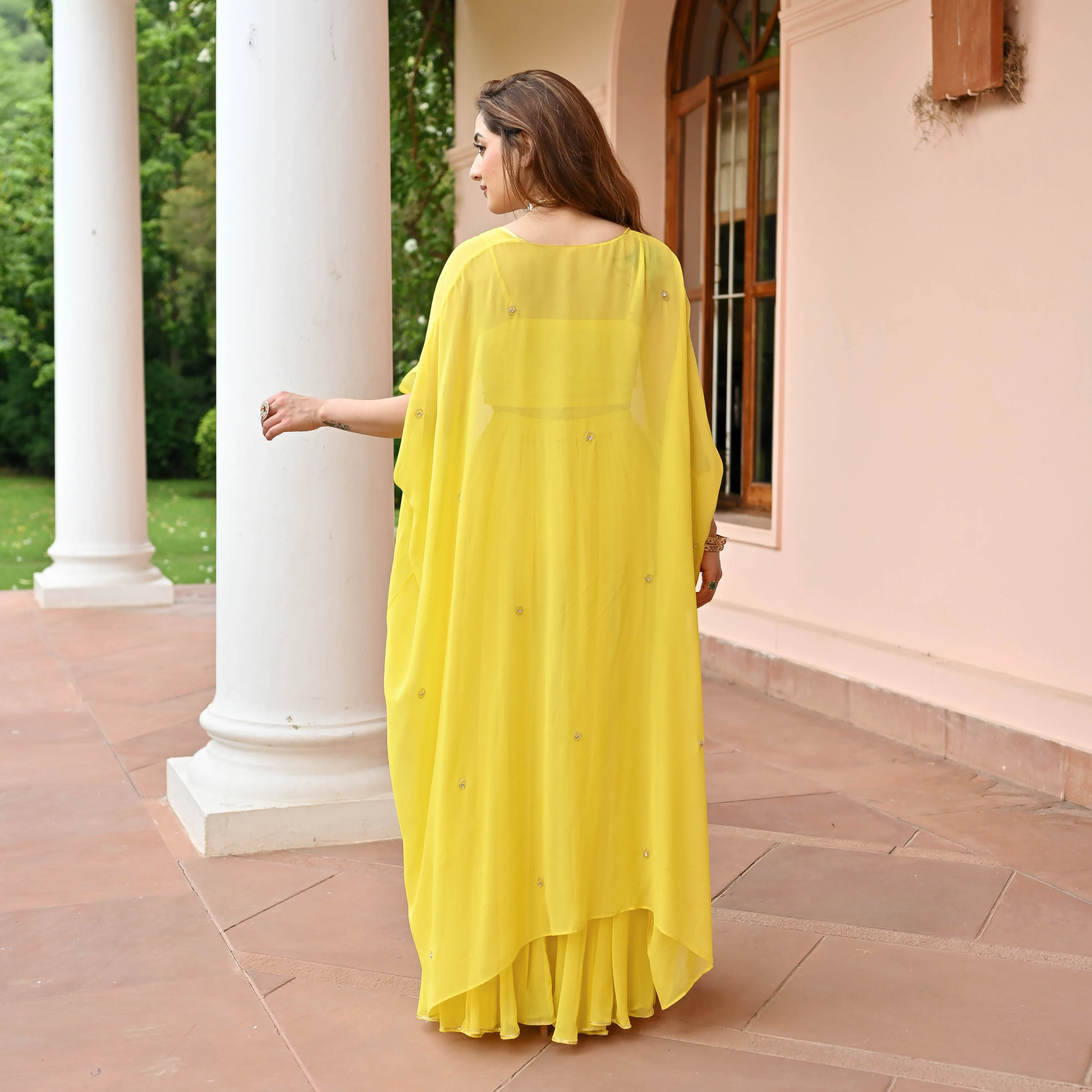 Yellow Timeless Georgette Cape Pants Set - Woolfily