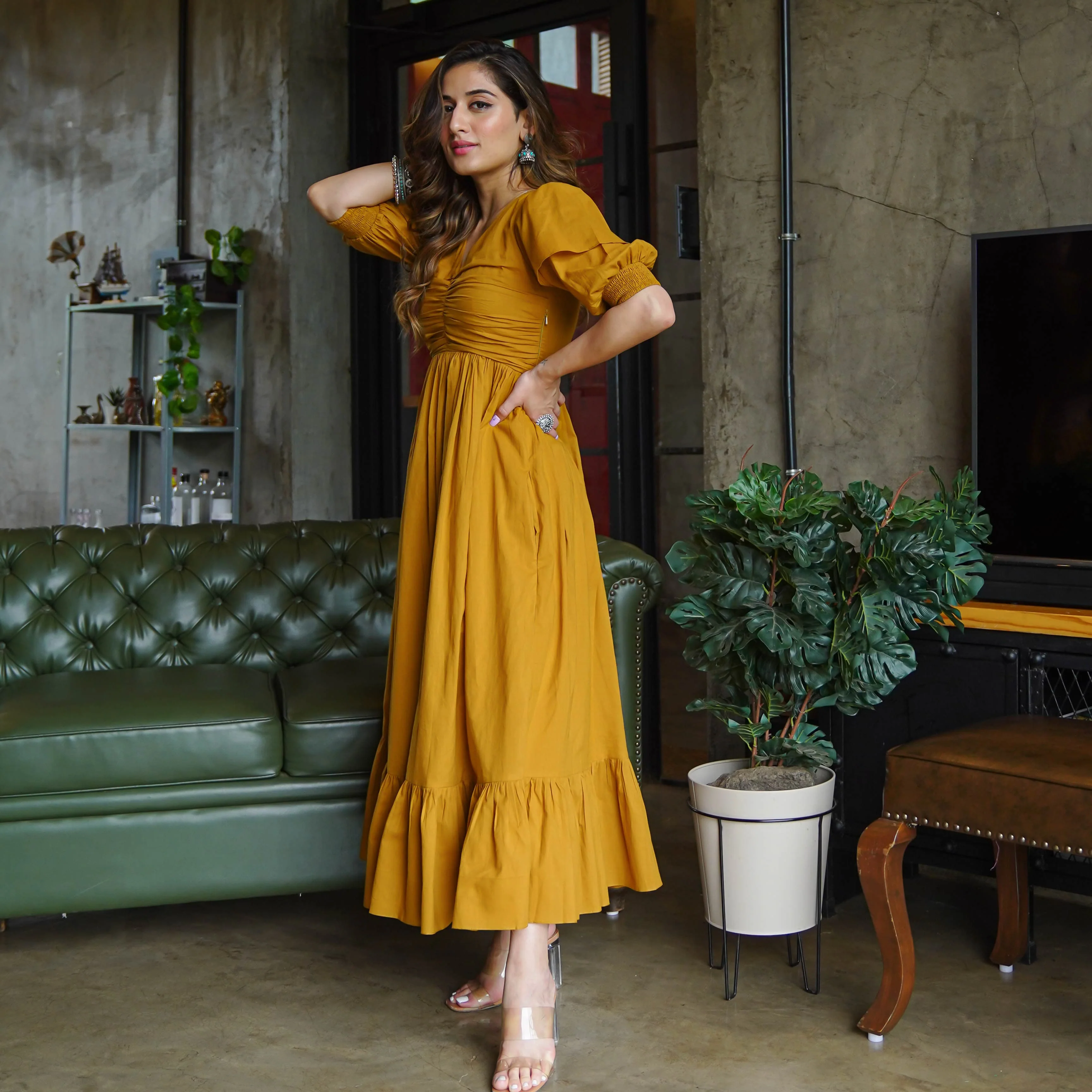 Bunaai Ivy Yellow Cotton Maxi Dress - Woolfily