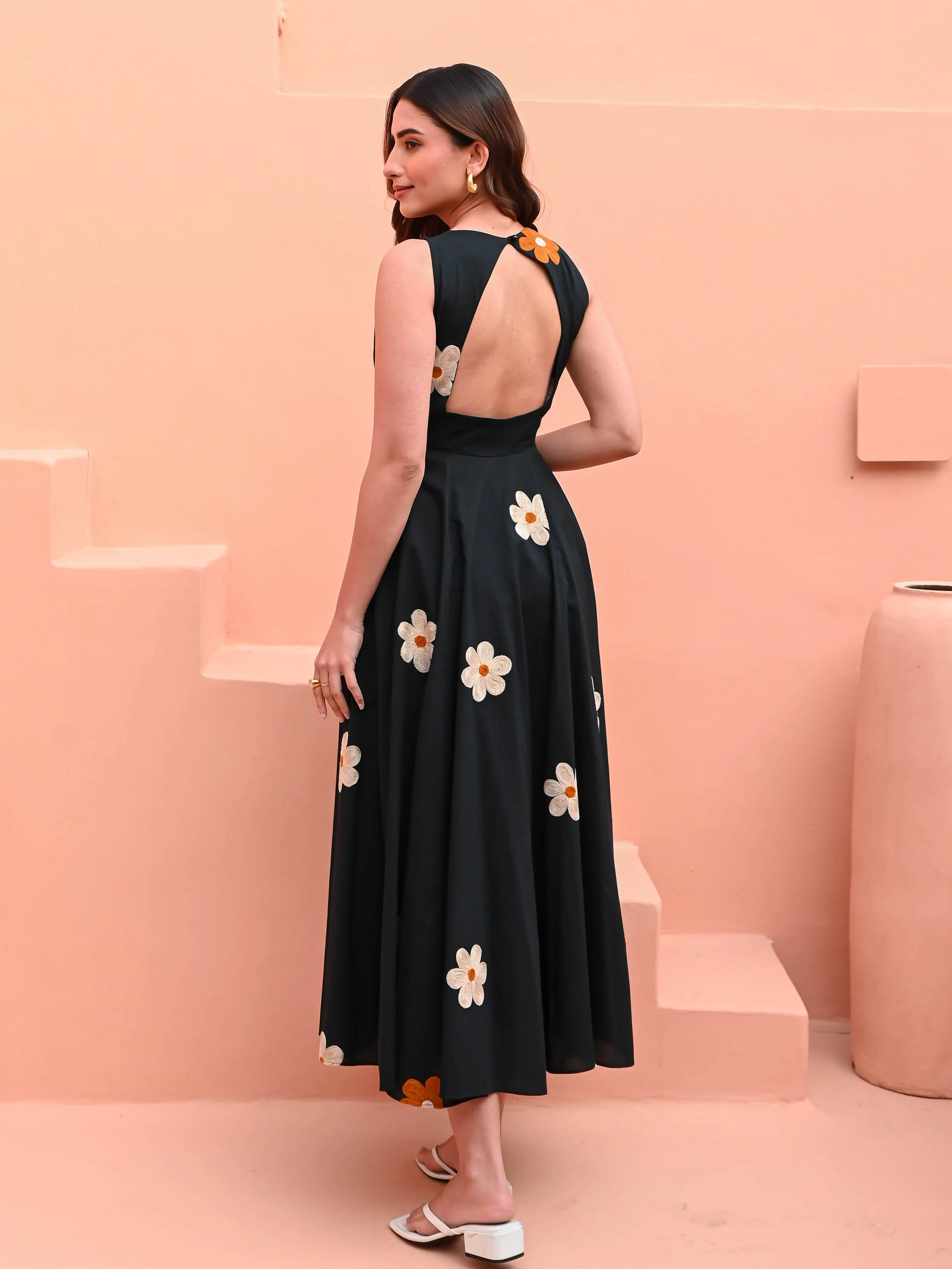 Black Dress with Floral Embroidery - Woolfily