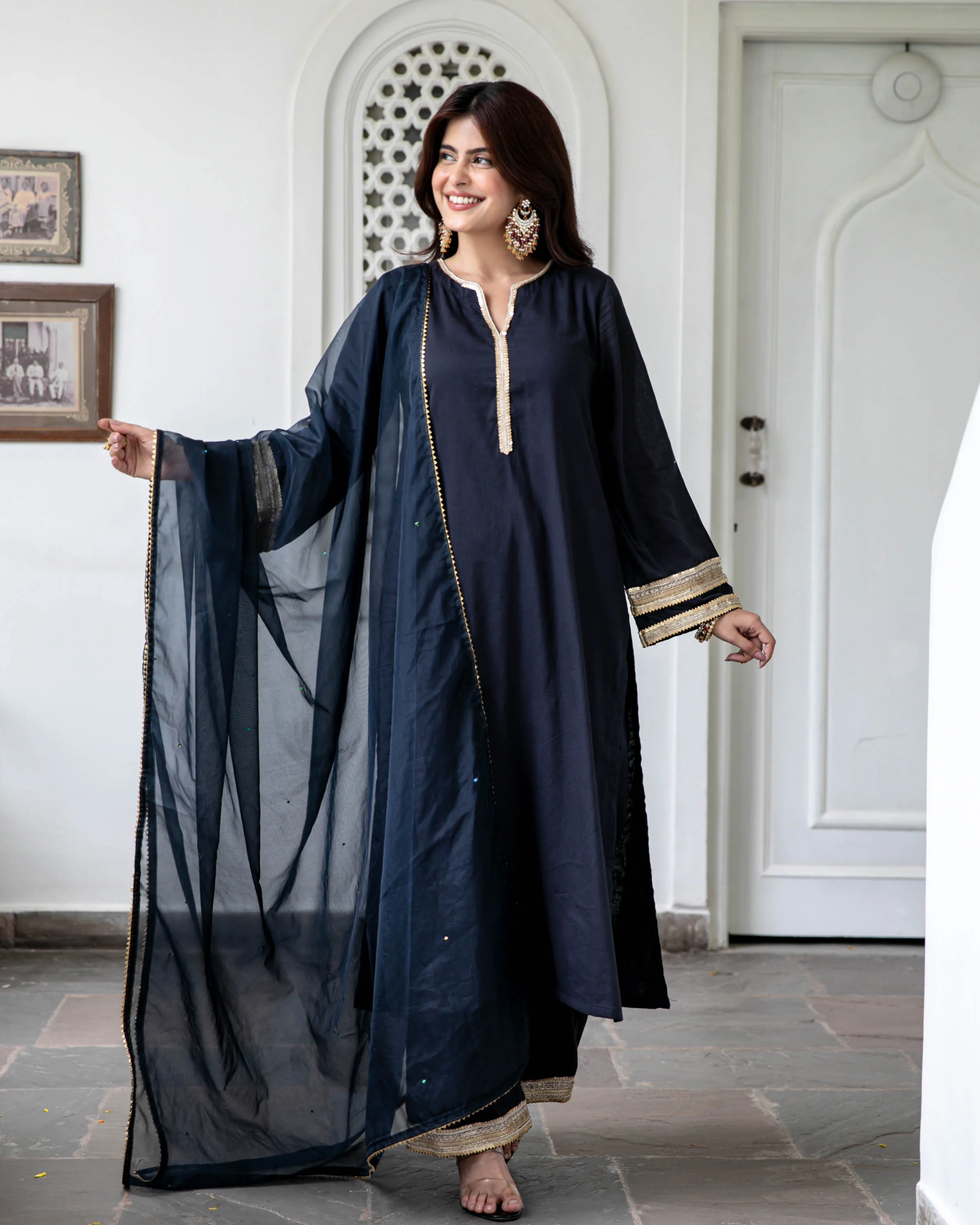 Black Cotton Suit Set with Organza Dupatta - Woolfily