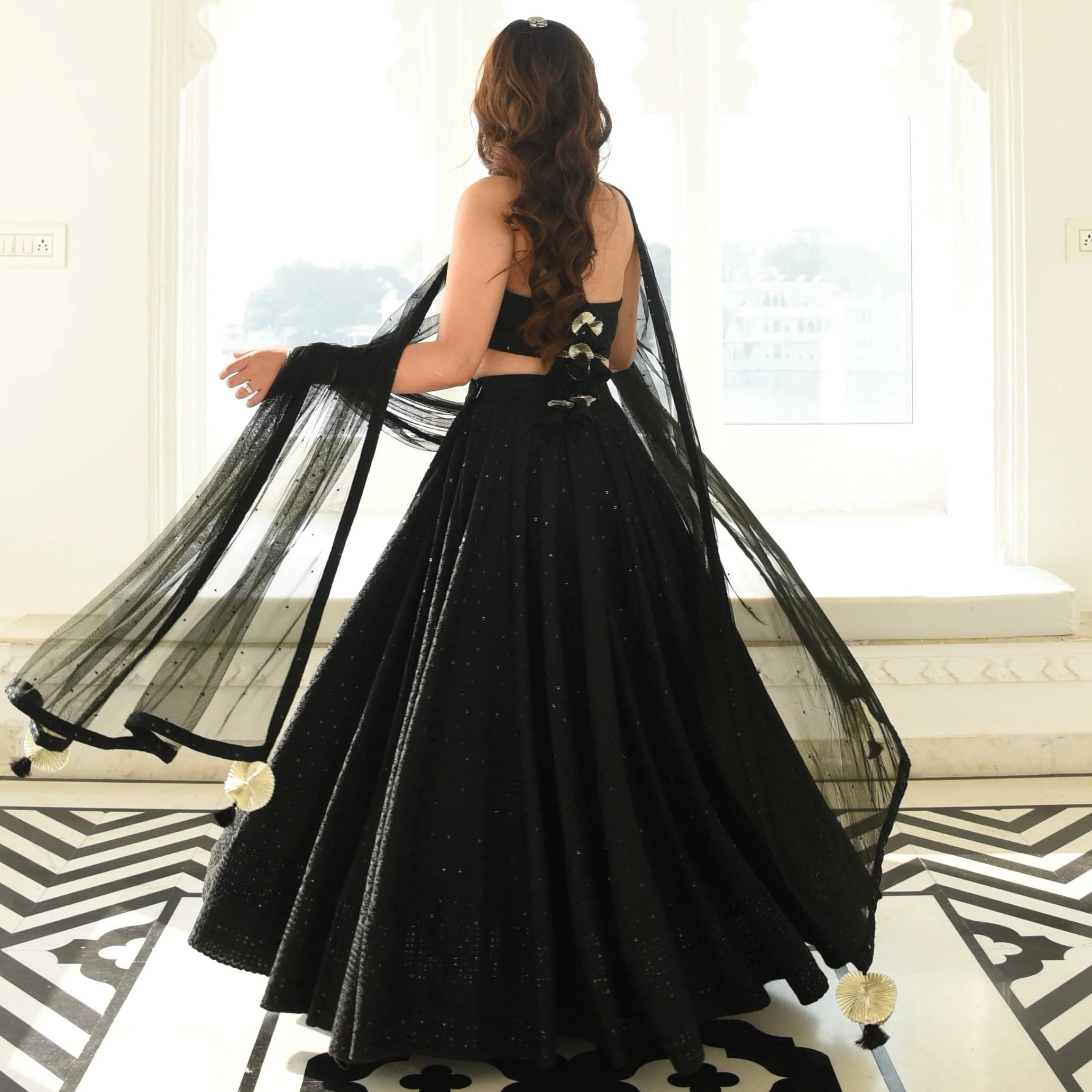 Bunaai Starry Night Chikankari Lehenga - Woolfily