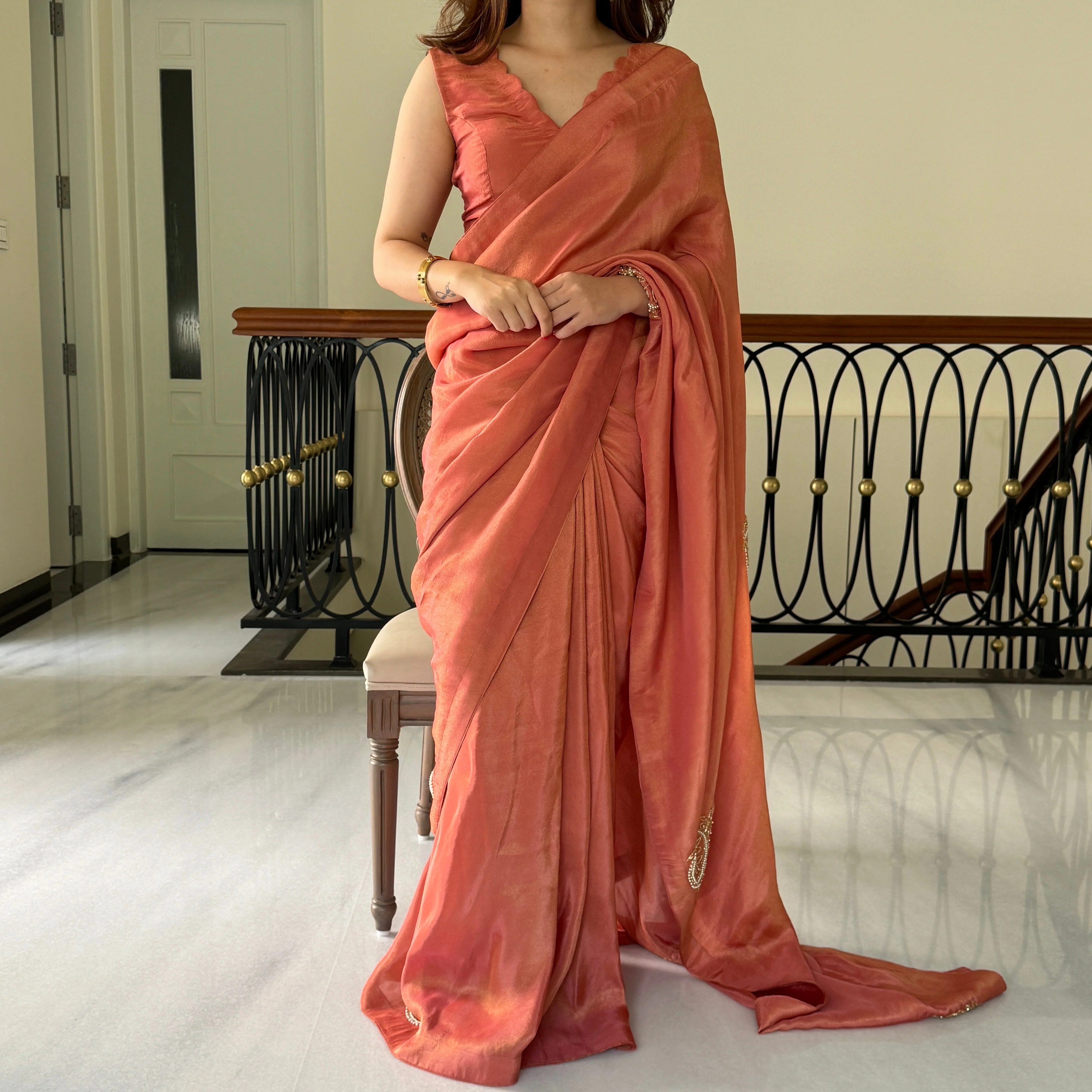 Orange Chandbali Embroidery Saree - Woolfily