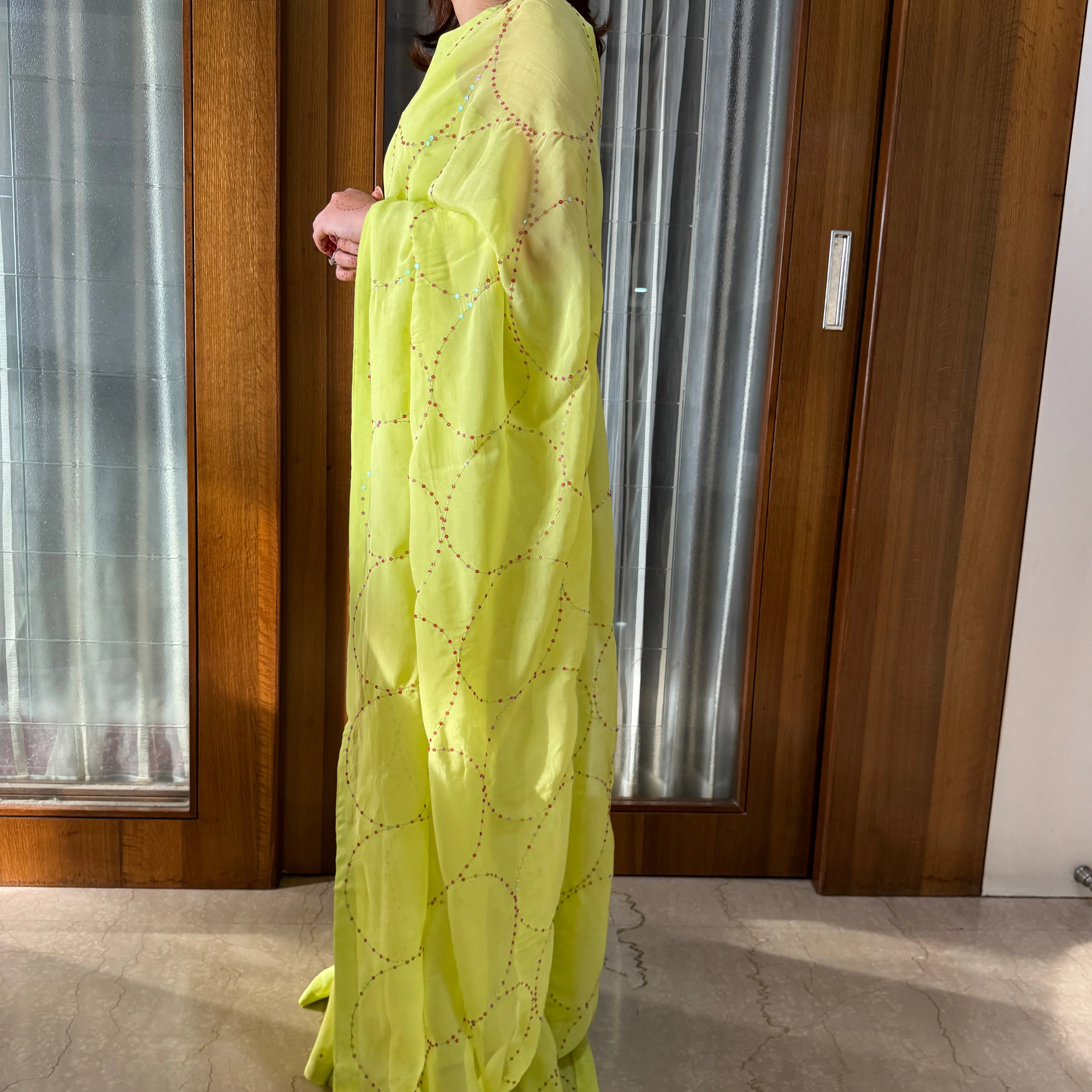 Lime Green Sequin Organza Saree - Woolfily