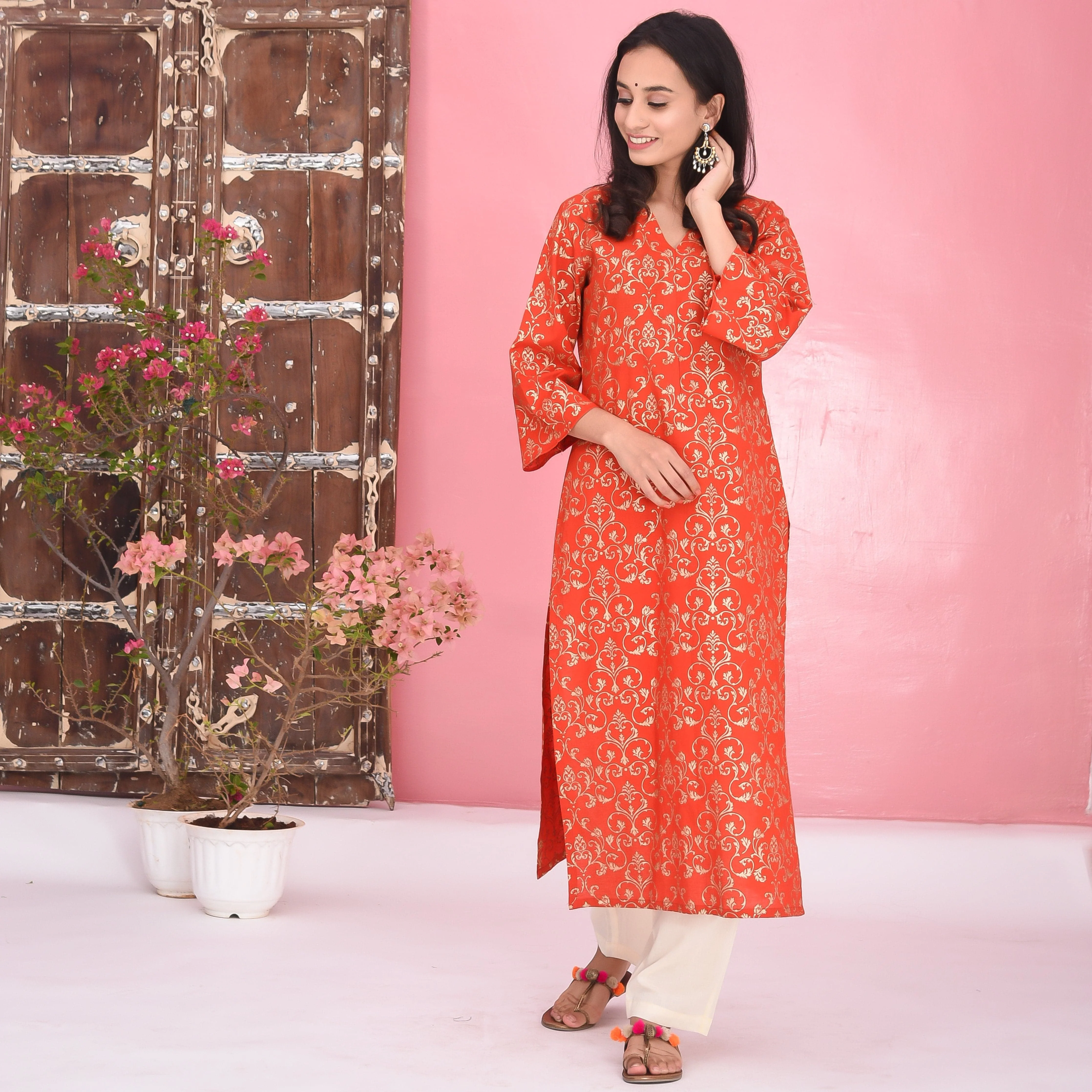 Red Cream Cotton Kurta - Woolfily