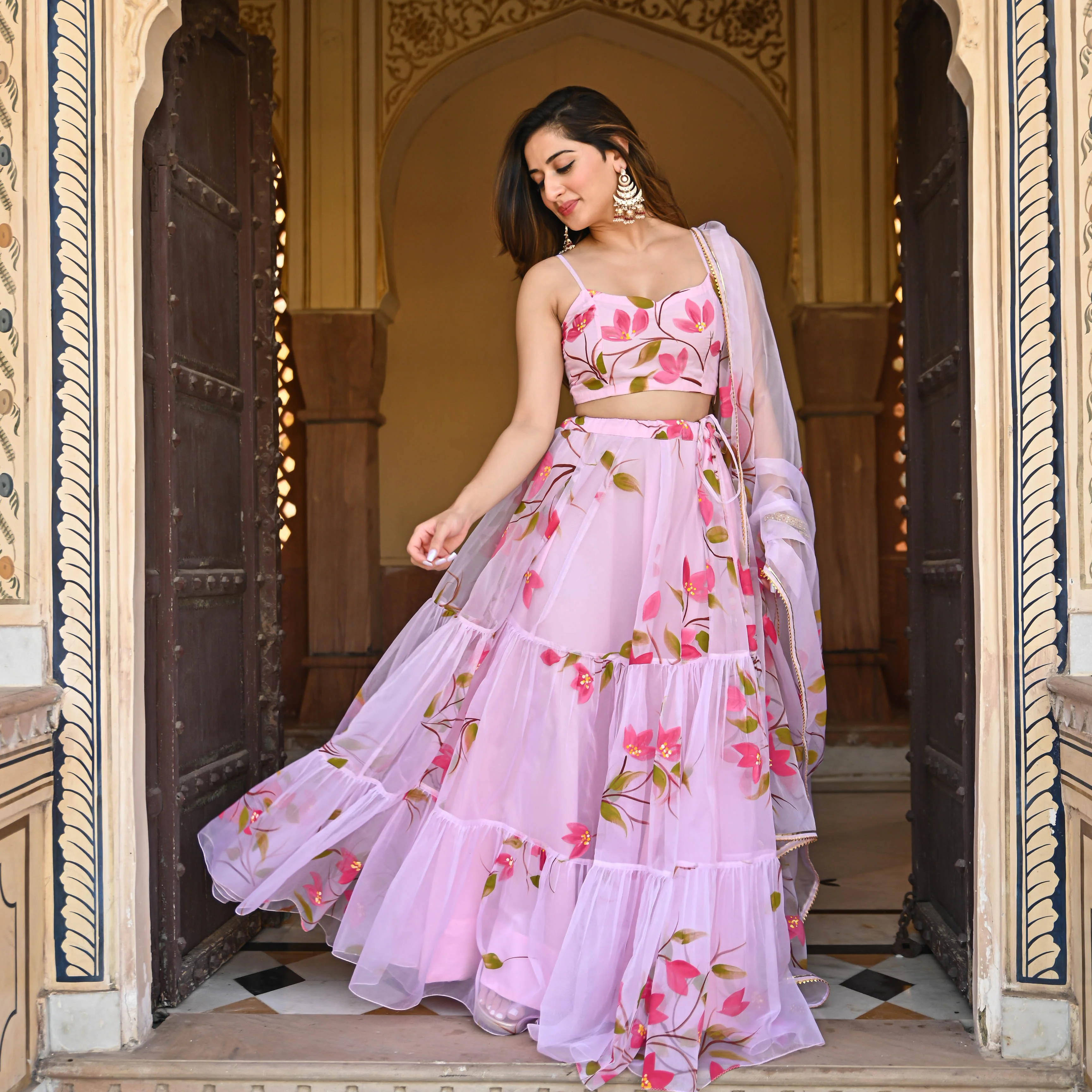 Bunaai Baby Pink Handpainted Lehenga Set - Woolfily