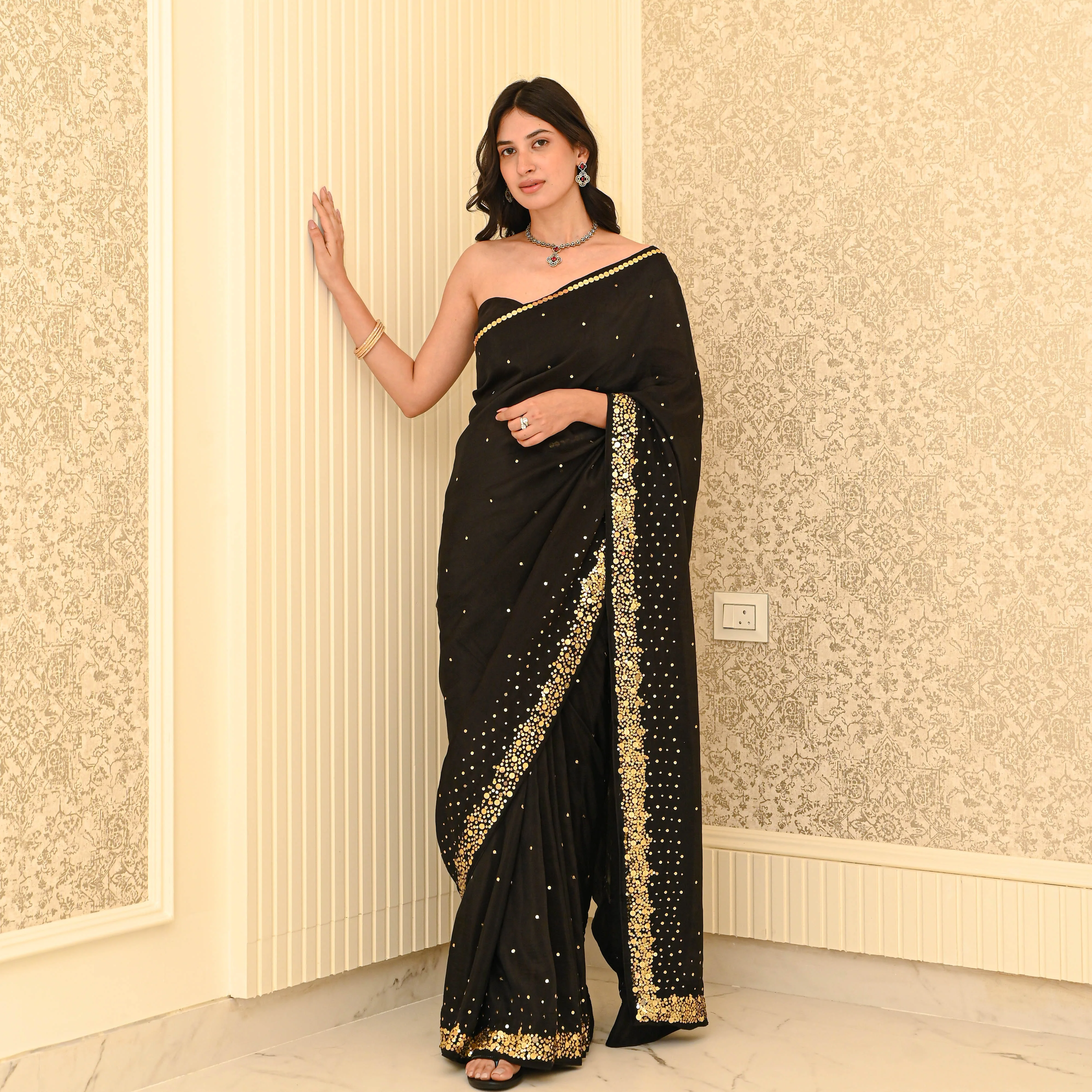 Charmed Black Organza Saree - Woolfily
