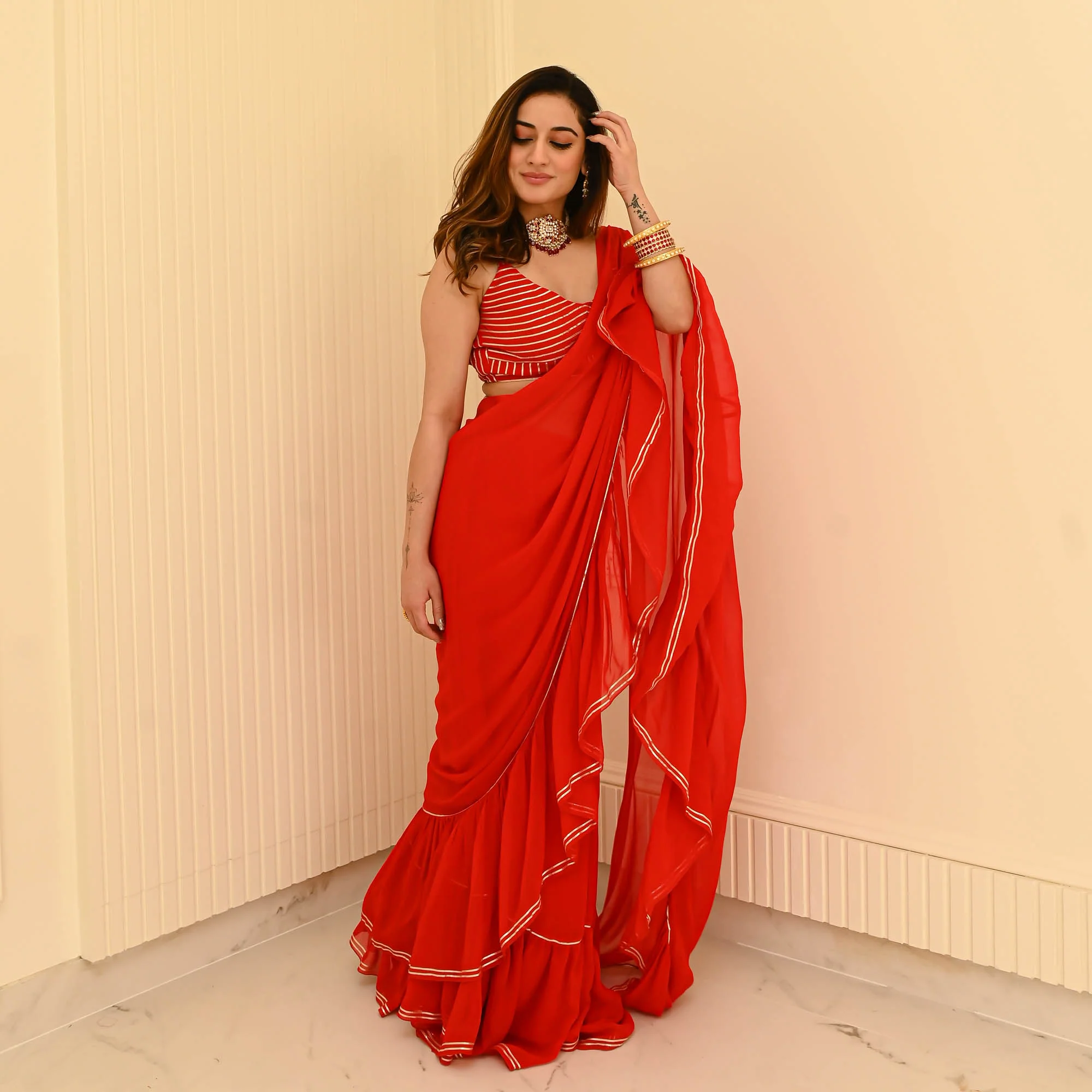 Bunaai Hot Red Georgette Draped Saree - Woolfily