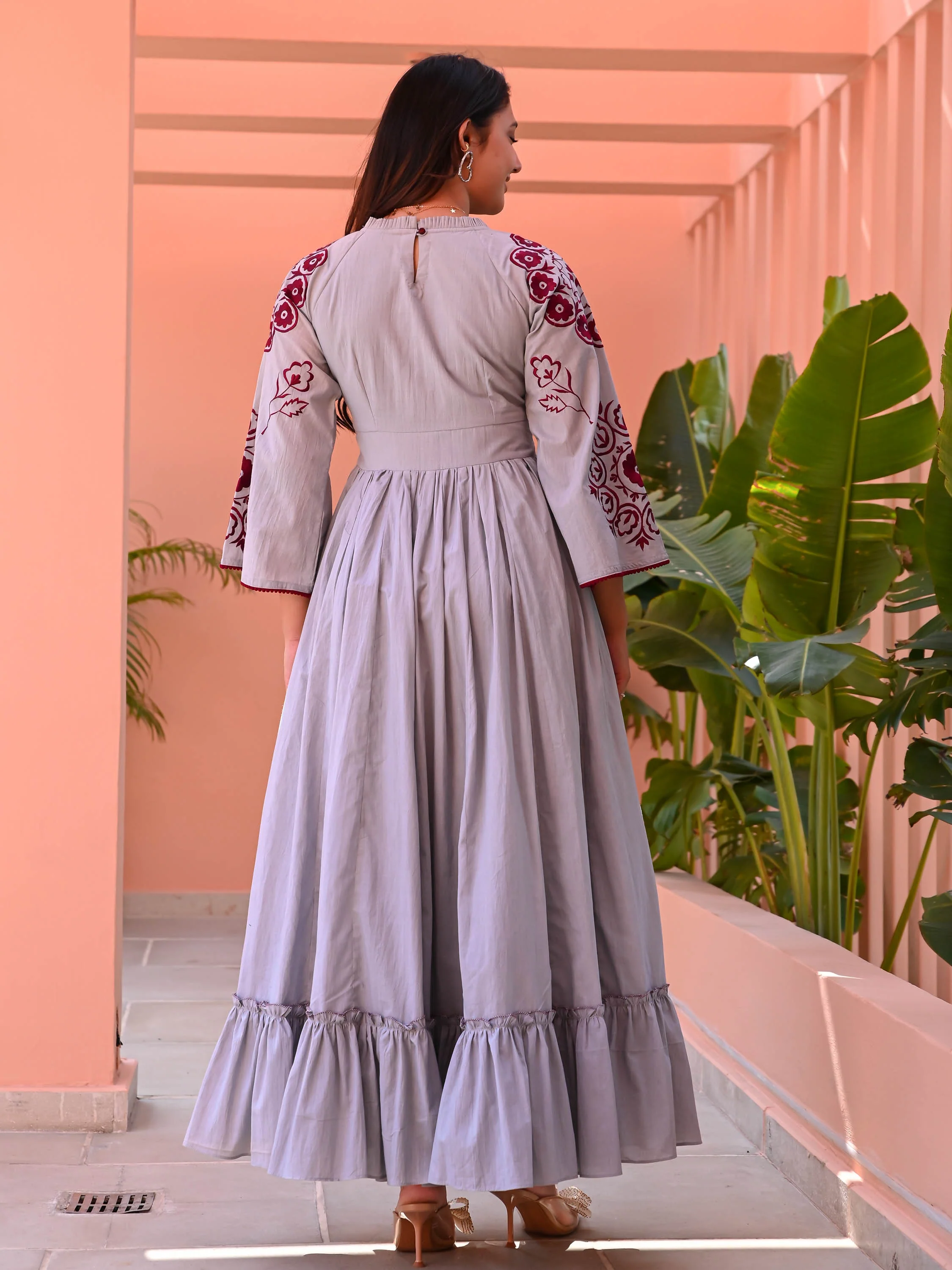 Grey Maroon Embroidered Cotton Dress - Woolfily