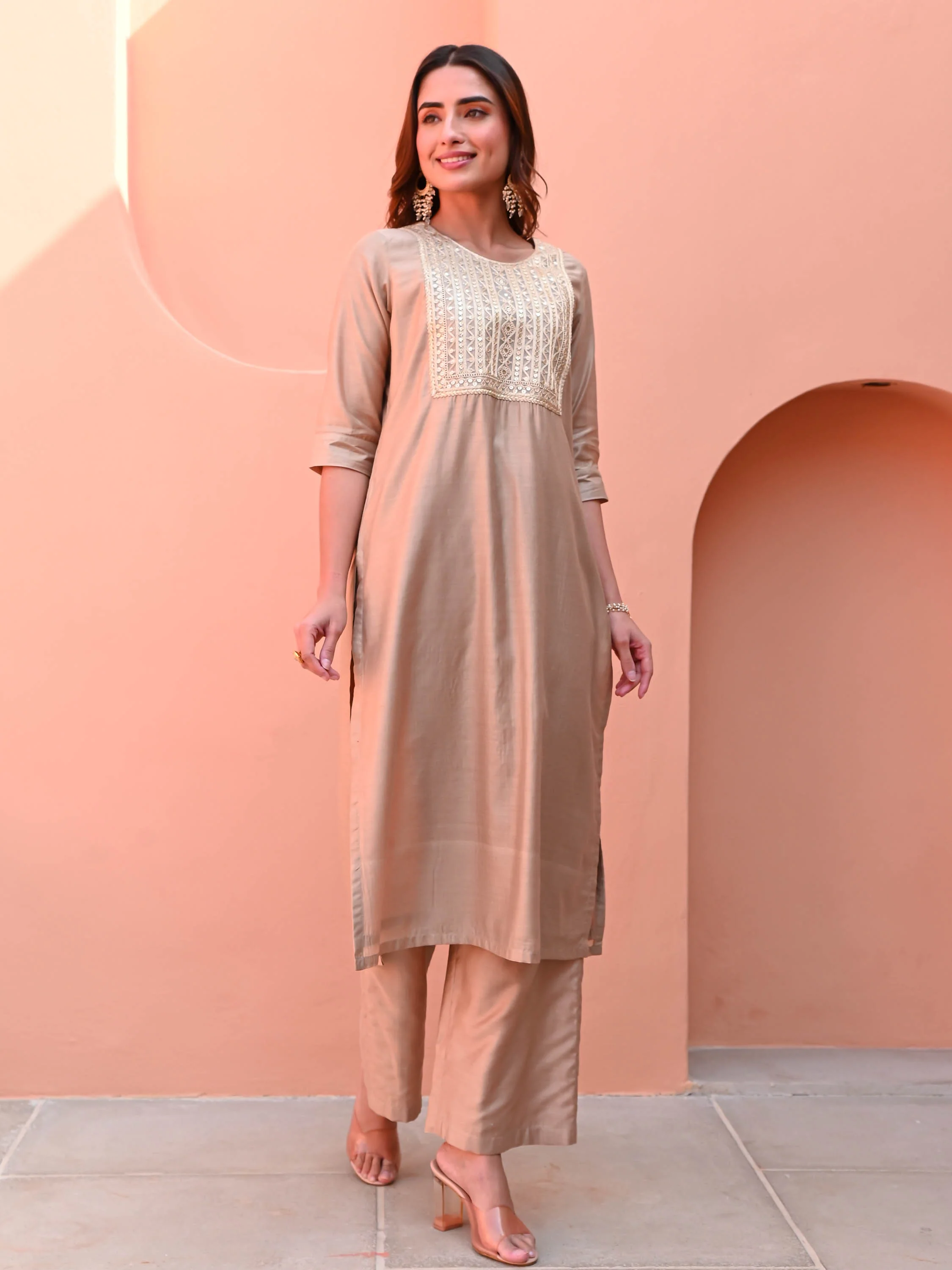 Beige Silk Kurta Set - Woolfily