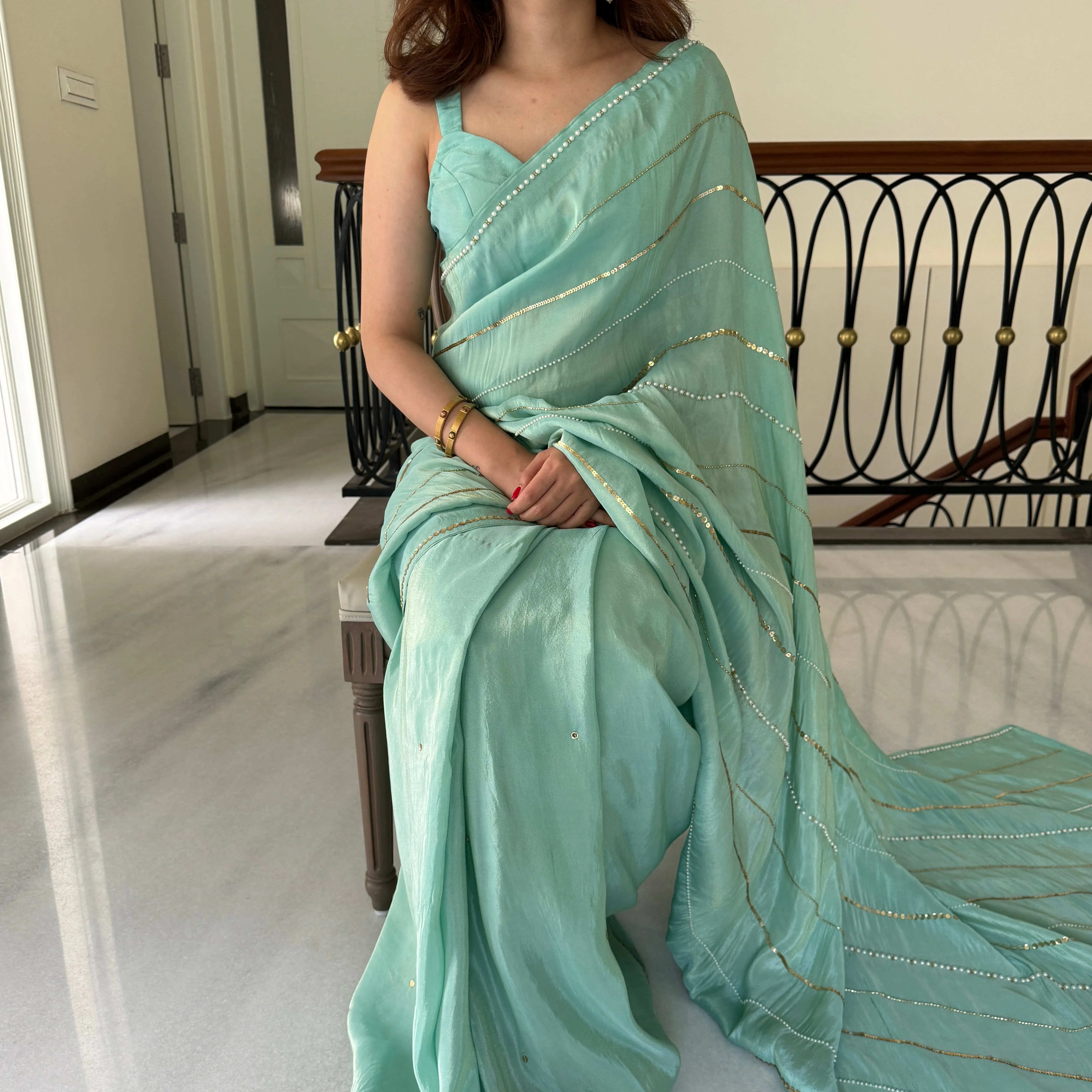 SkyBlue Embroidered Tissue Sare - Woolfily