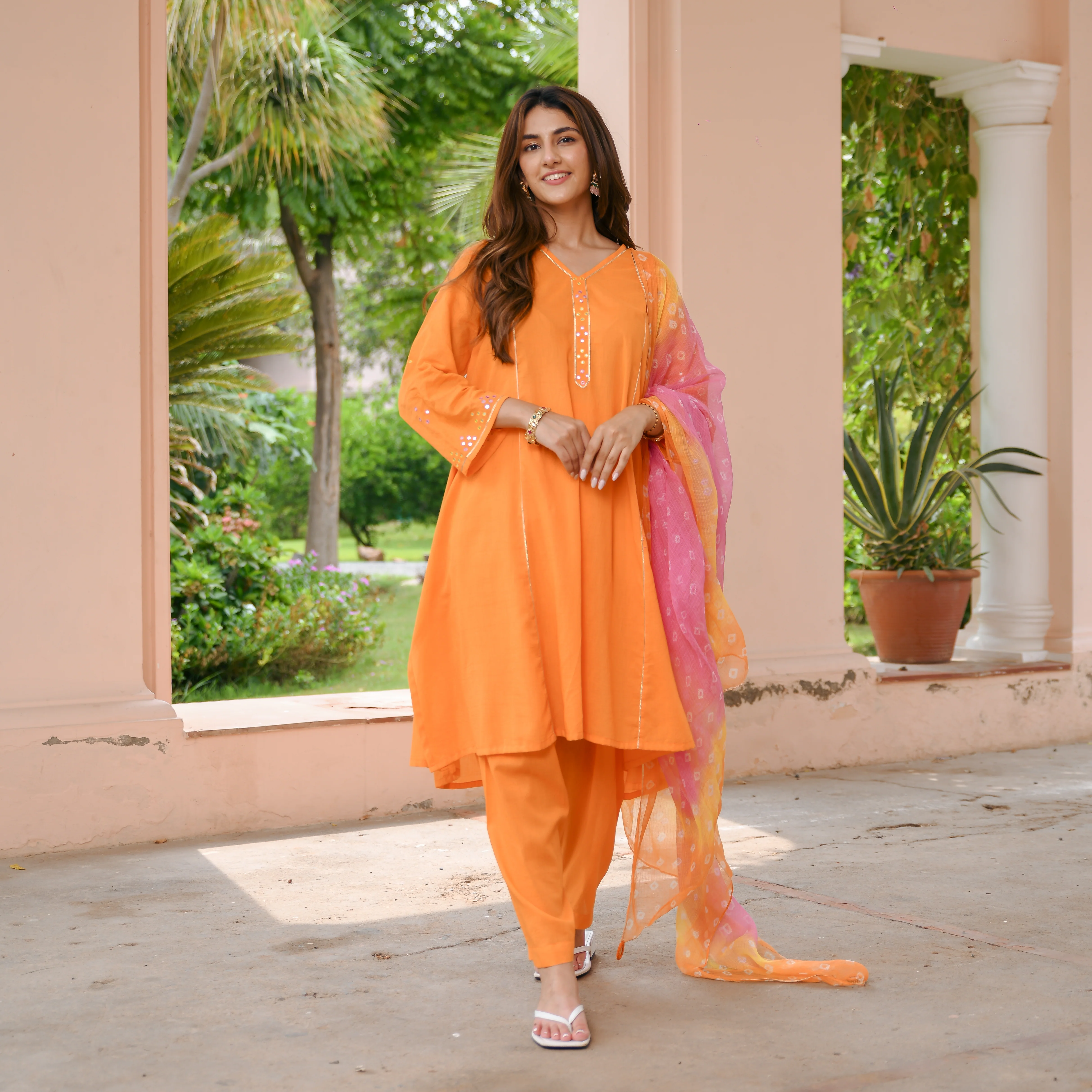 Orange Bandhej Cotton Suit Set - Woolfily
