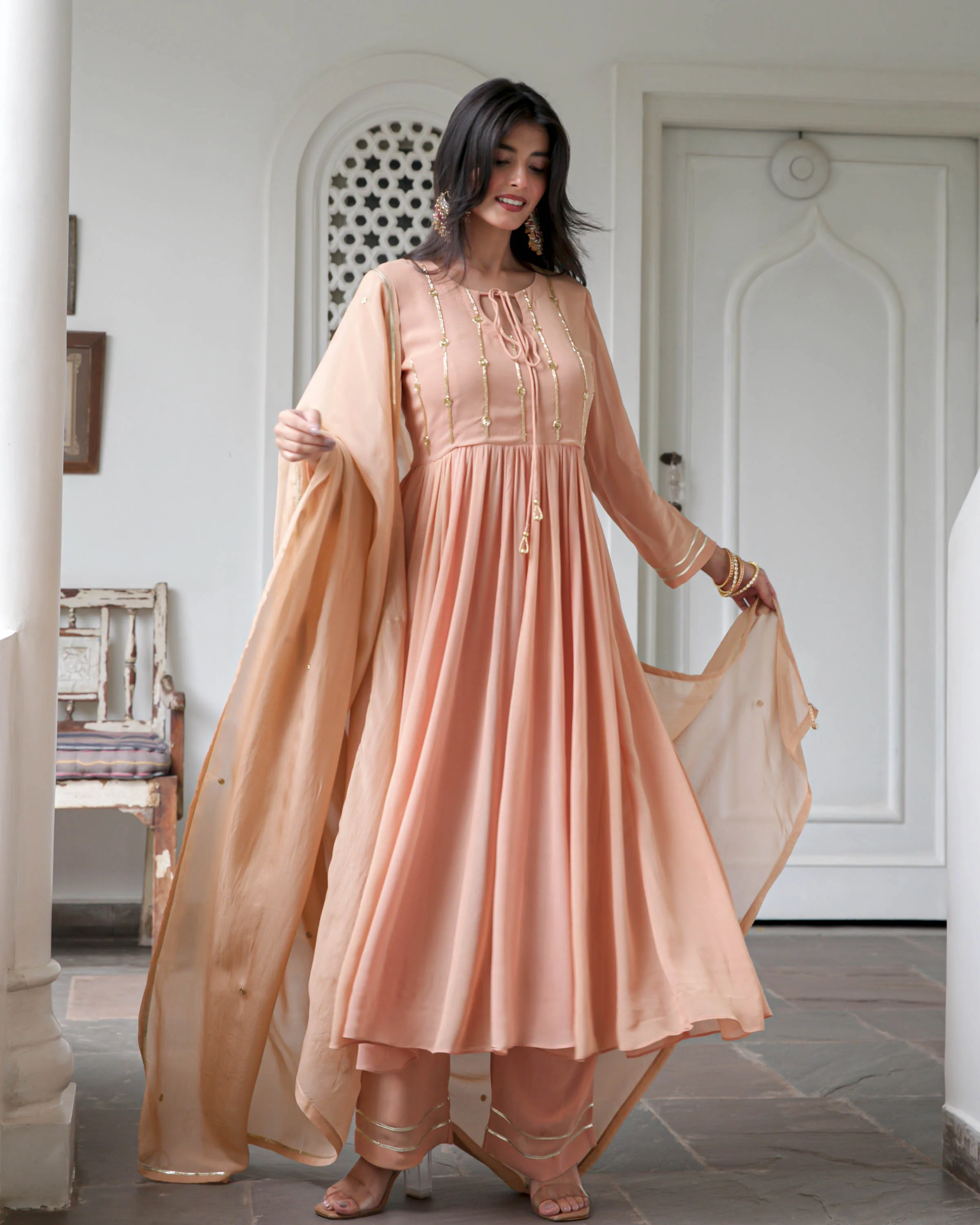 Peach Georgette Suit Set - Woolfily