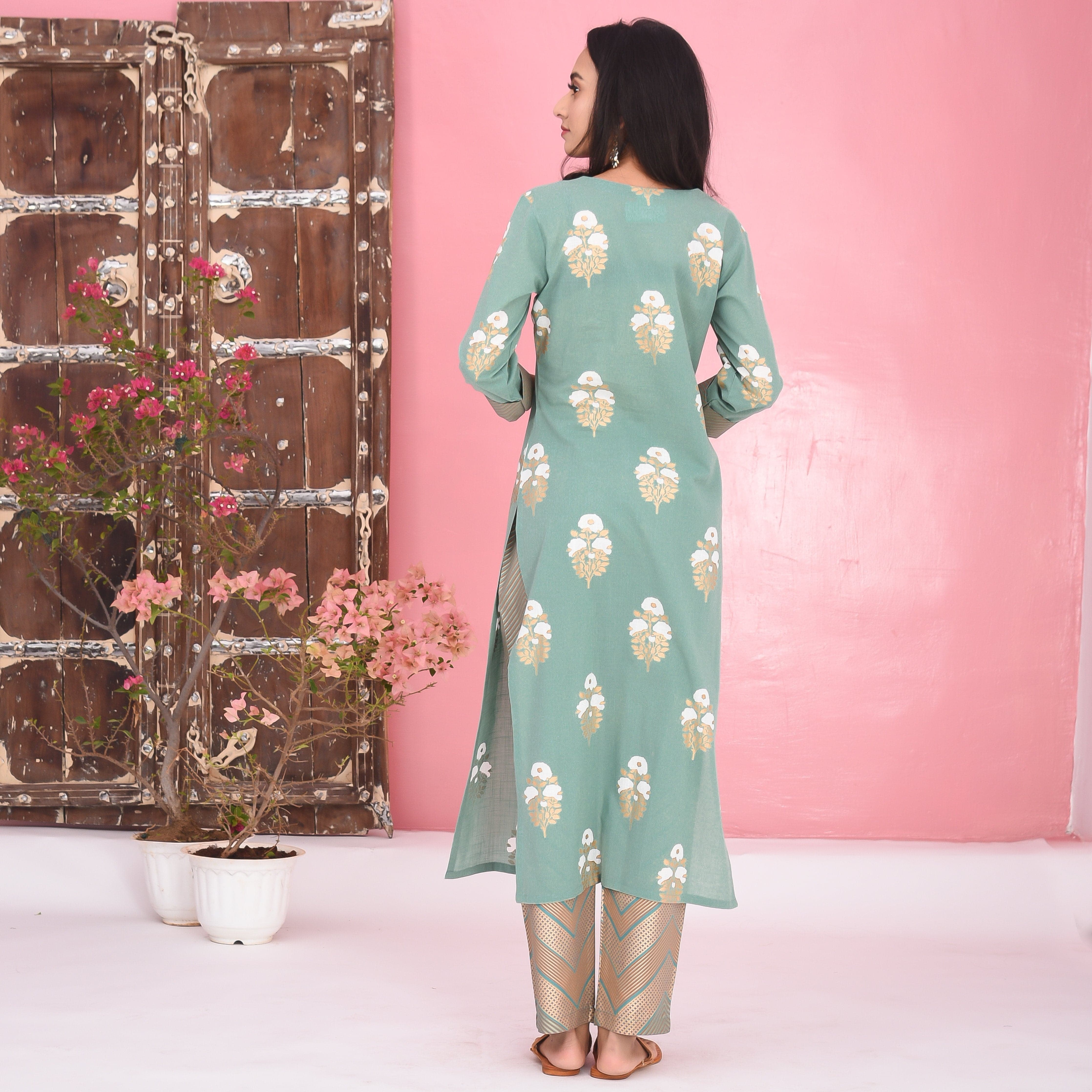 Bunaai Stripes Floral Cotton Kurta Set - Woolfily