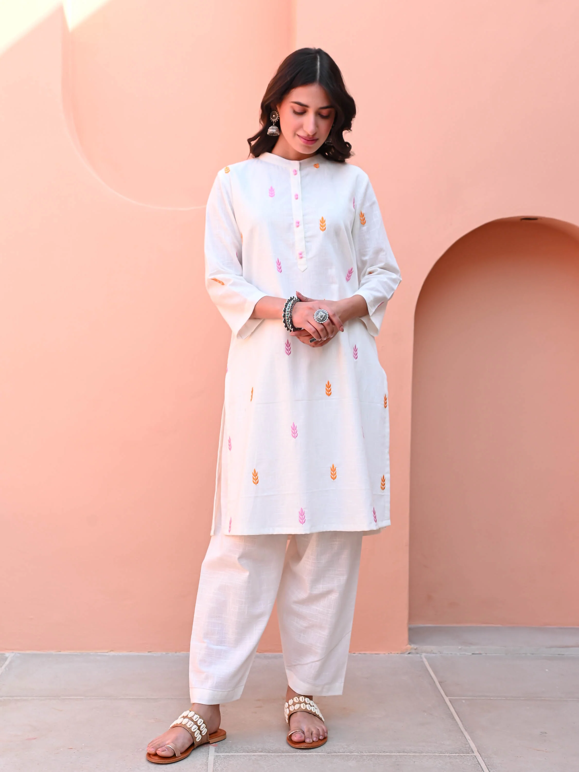 White Motif Embroidery Kurta Set - Woolfily