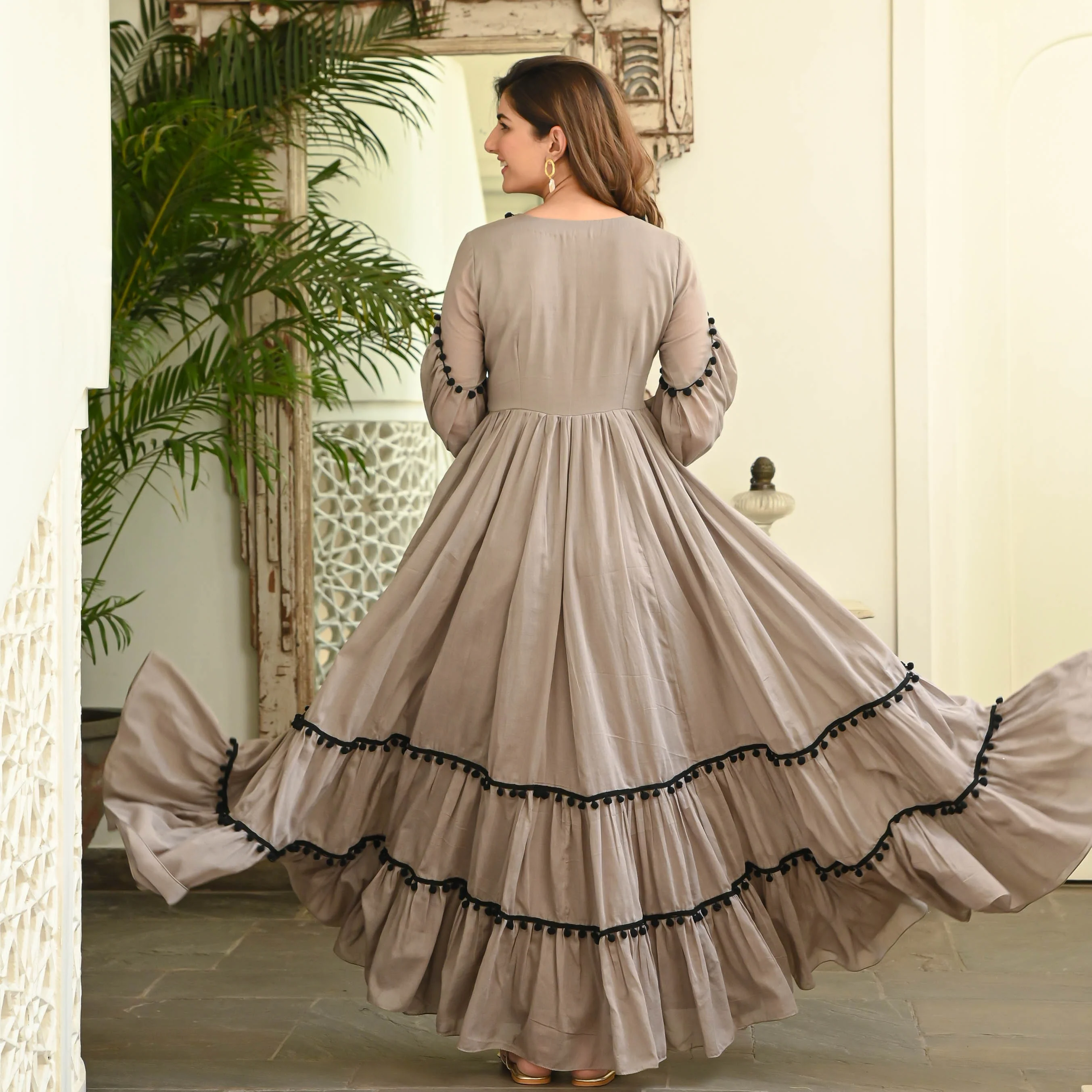 Bunaai Grey Black Pompom Cotton Dress - Woolfily