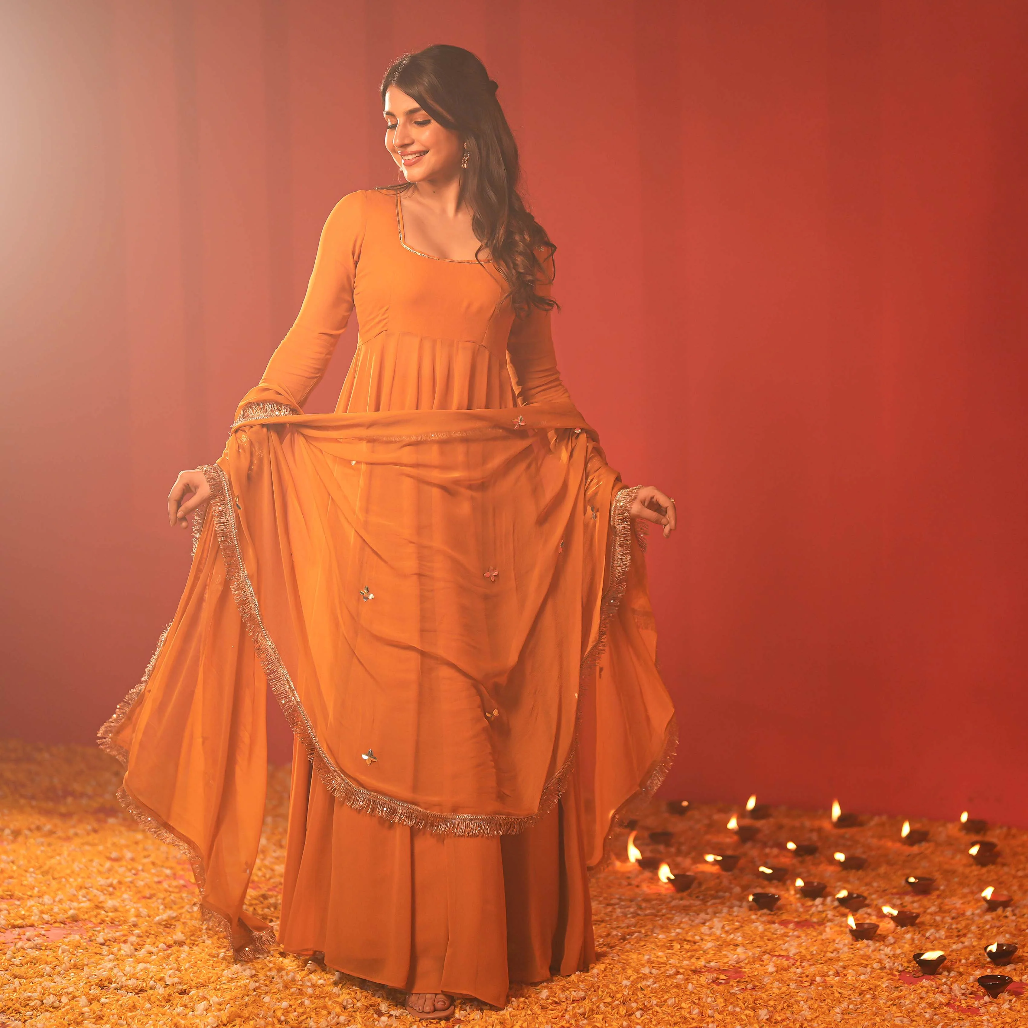 Bunaai Ochre Georgette Anarkali Dress with Dupatta - Woolfily