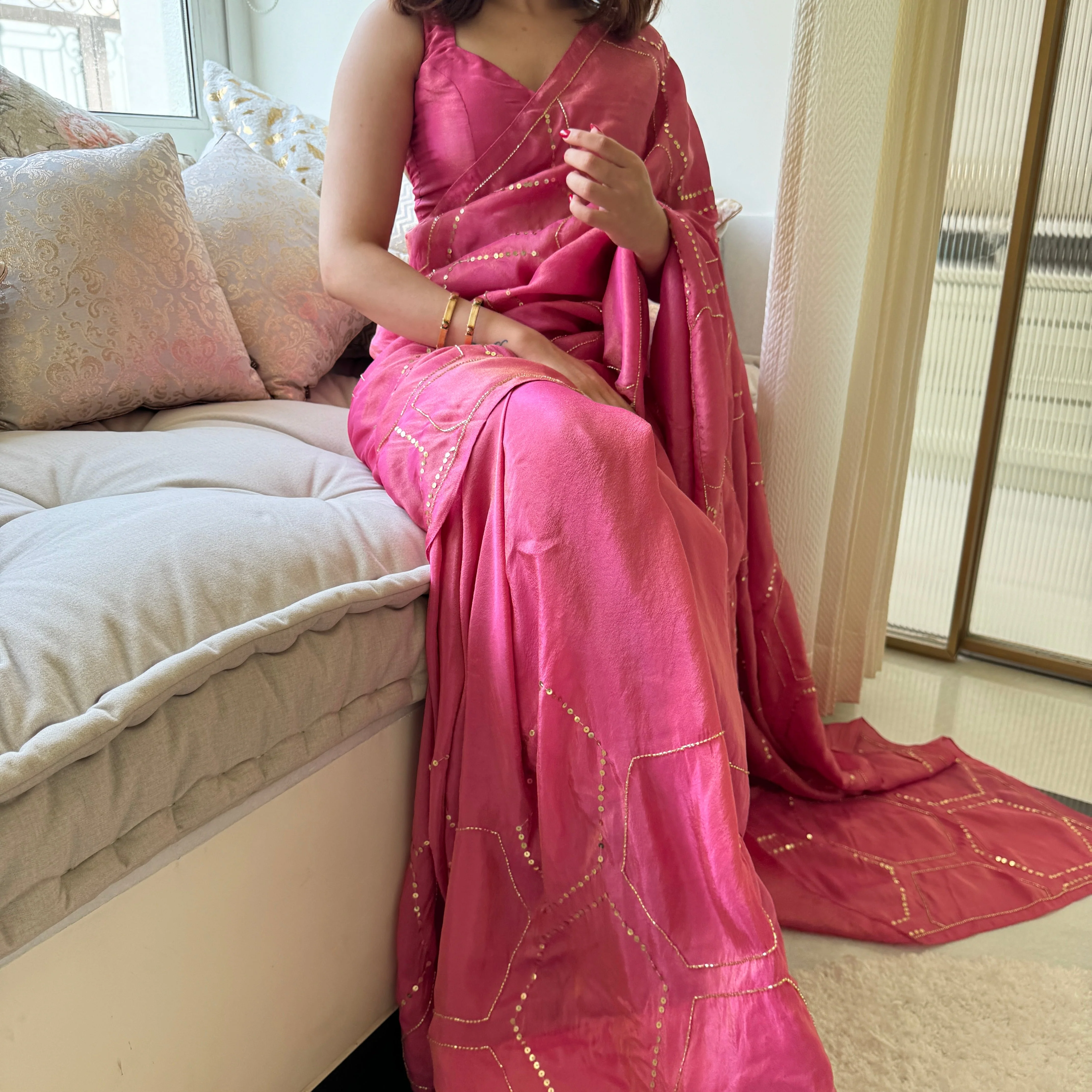 Carrot Pink Tissue Saree - Woolfily