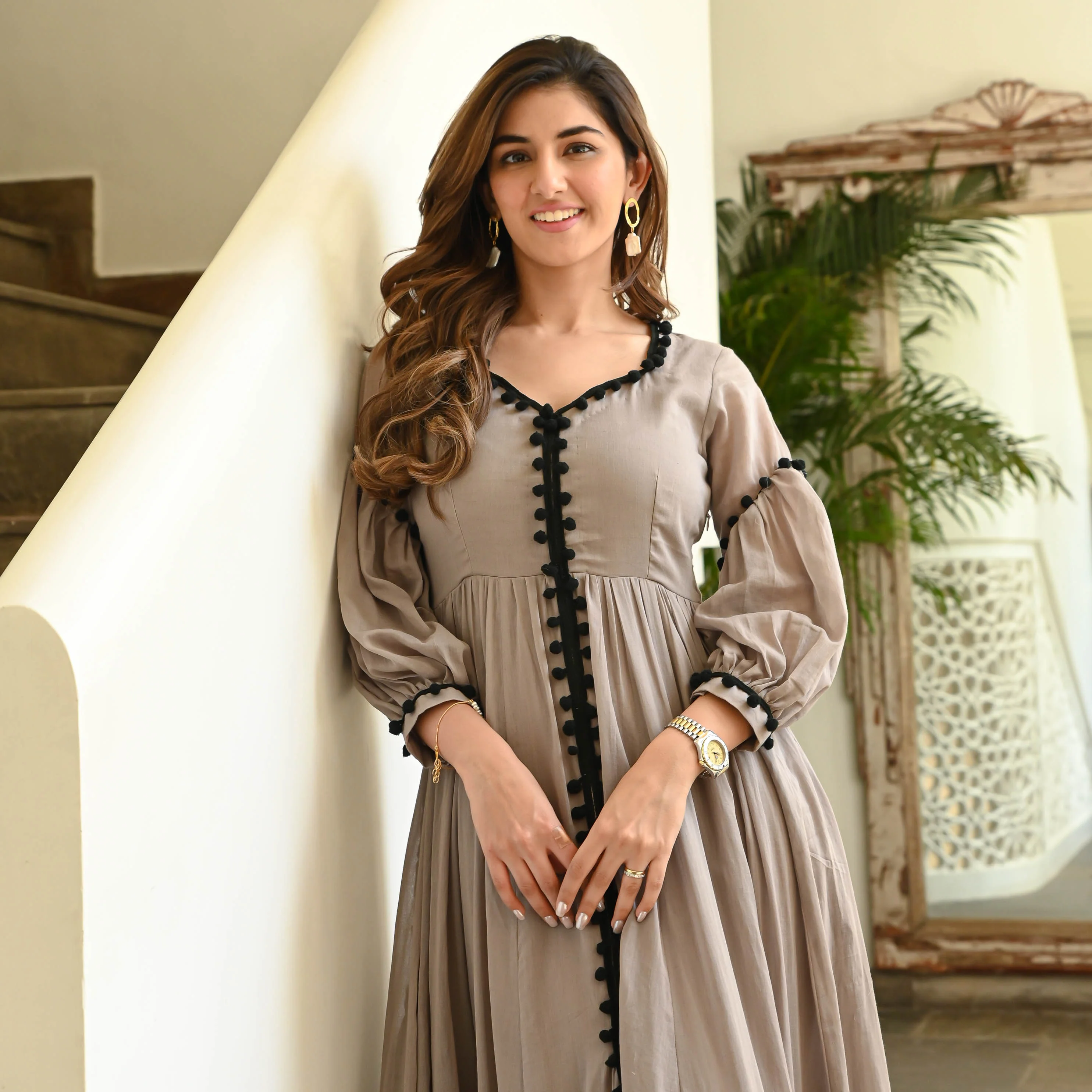 Bunaai Grey Black Pompom Cotton Dress - Woolfily