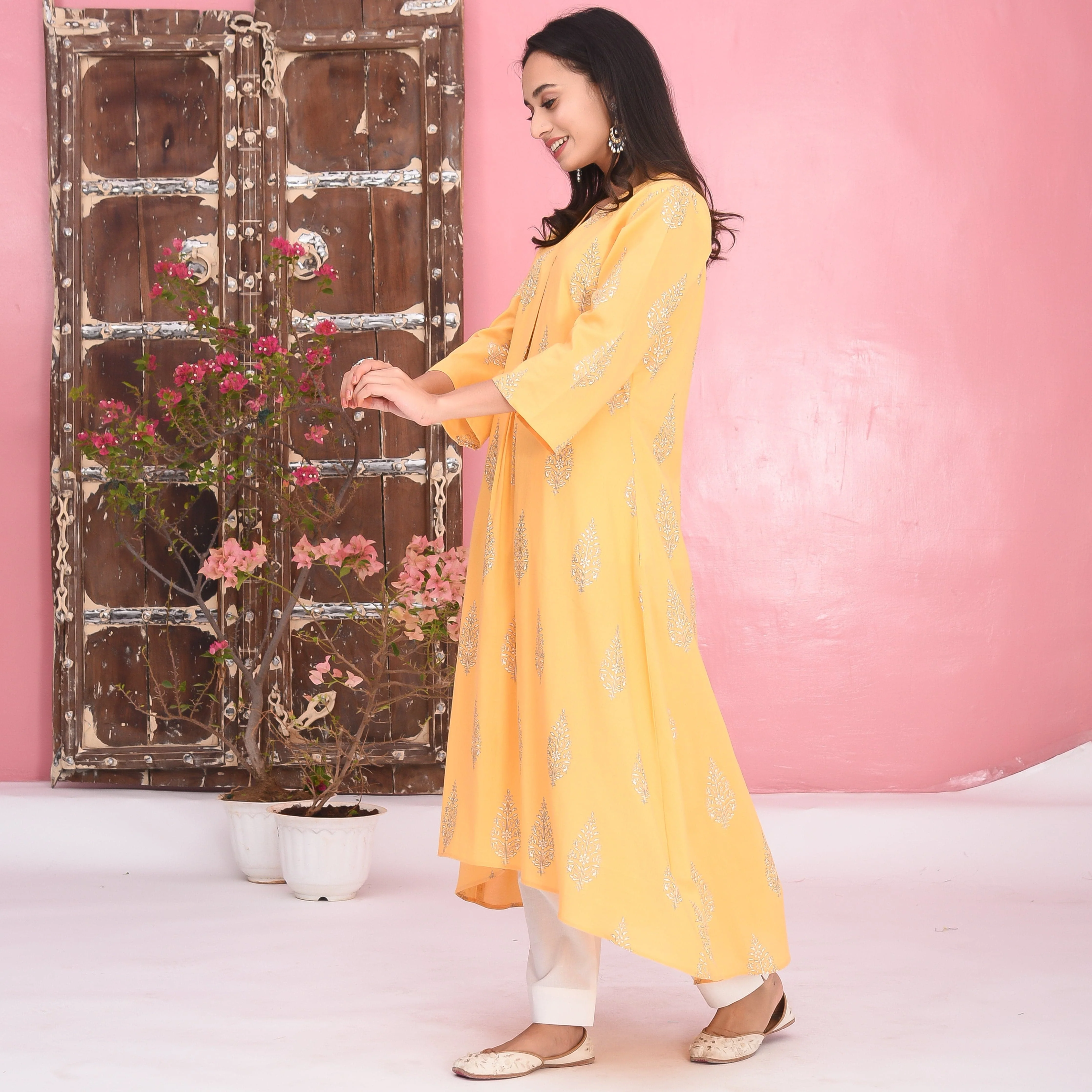 Yellow White Cotton Kurta Set - Woolfily