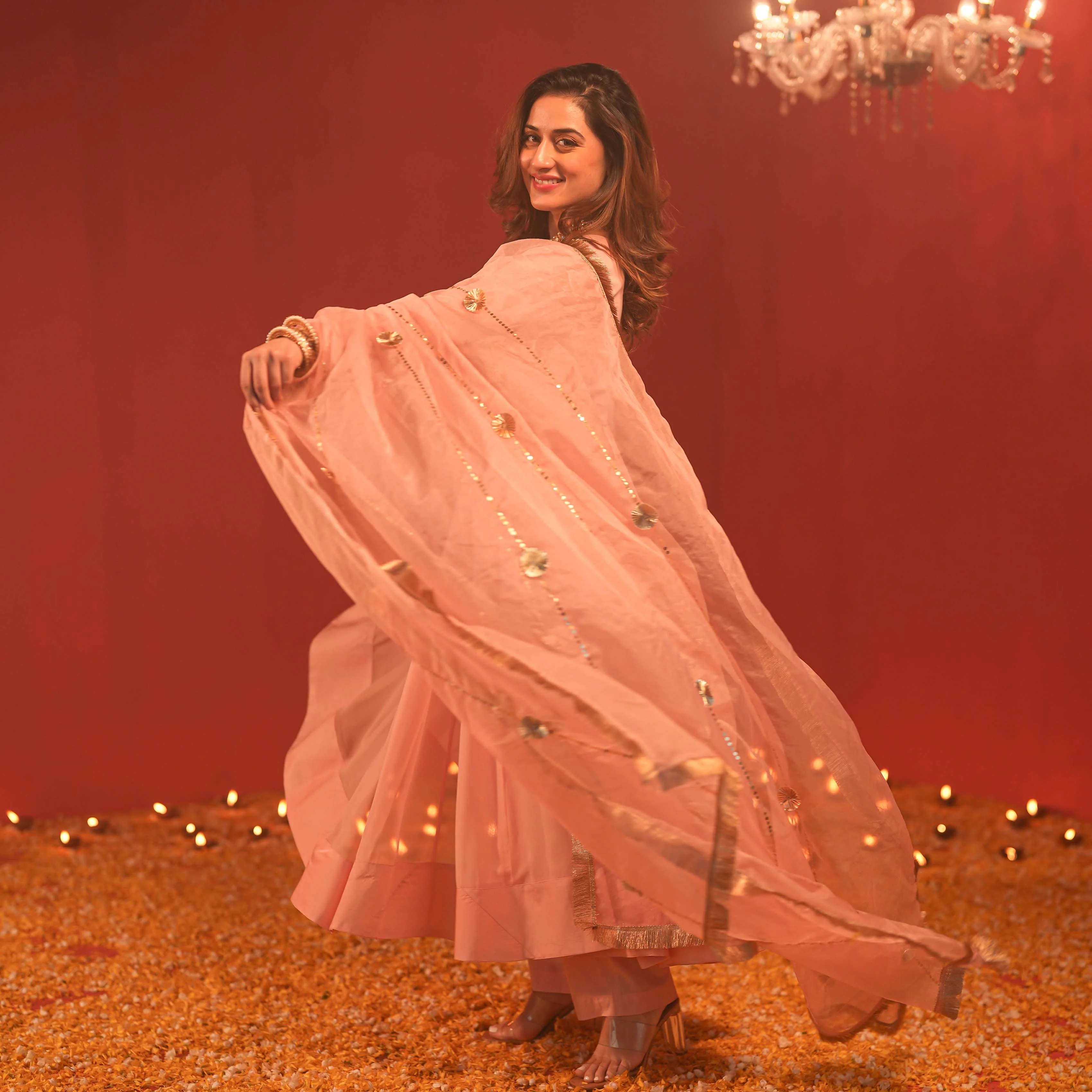 Bunaai Misty Pink Georgette Suit Set - Woolfily