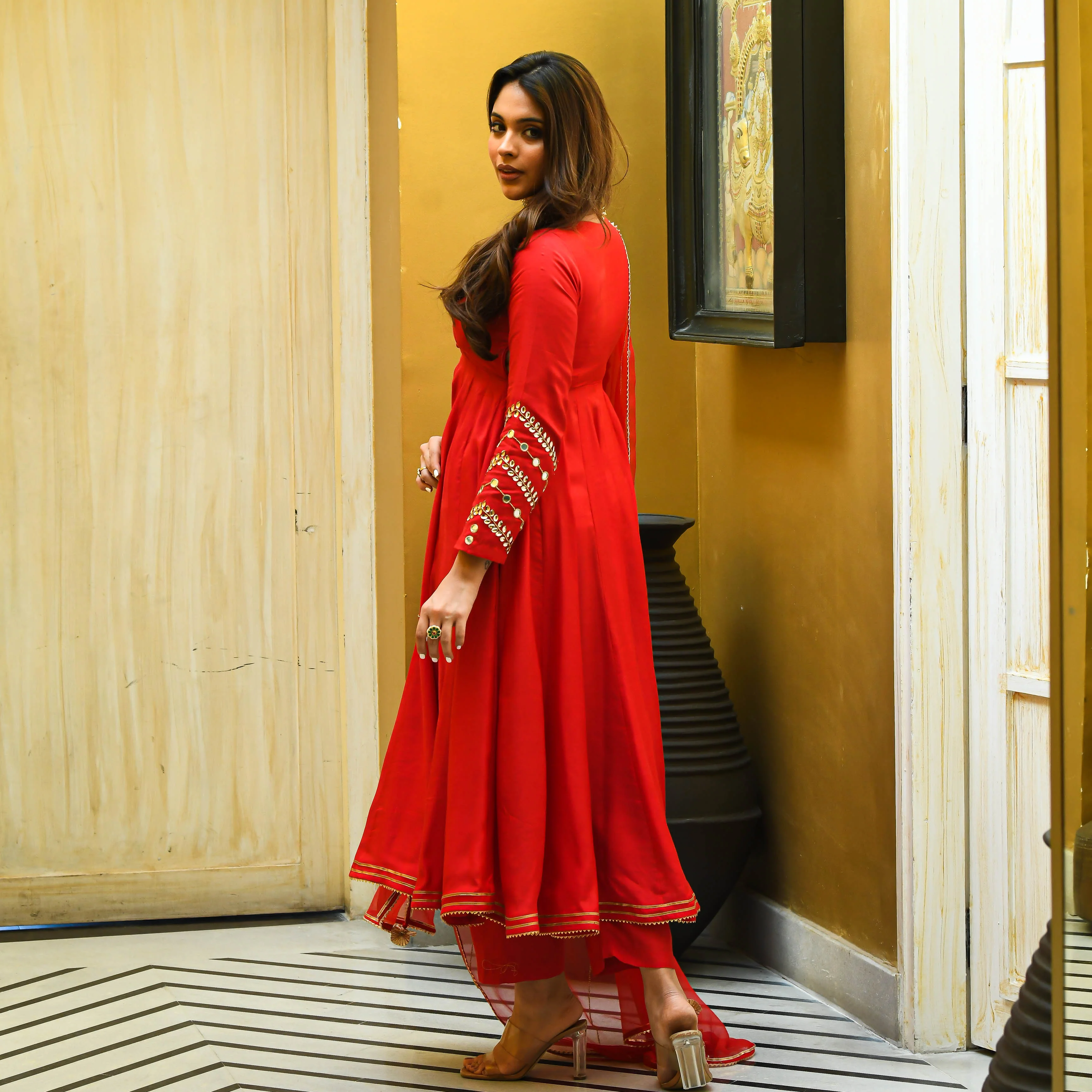 Red Mirror Work Suit Set - Woolfily