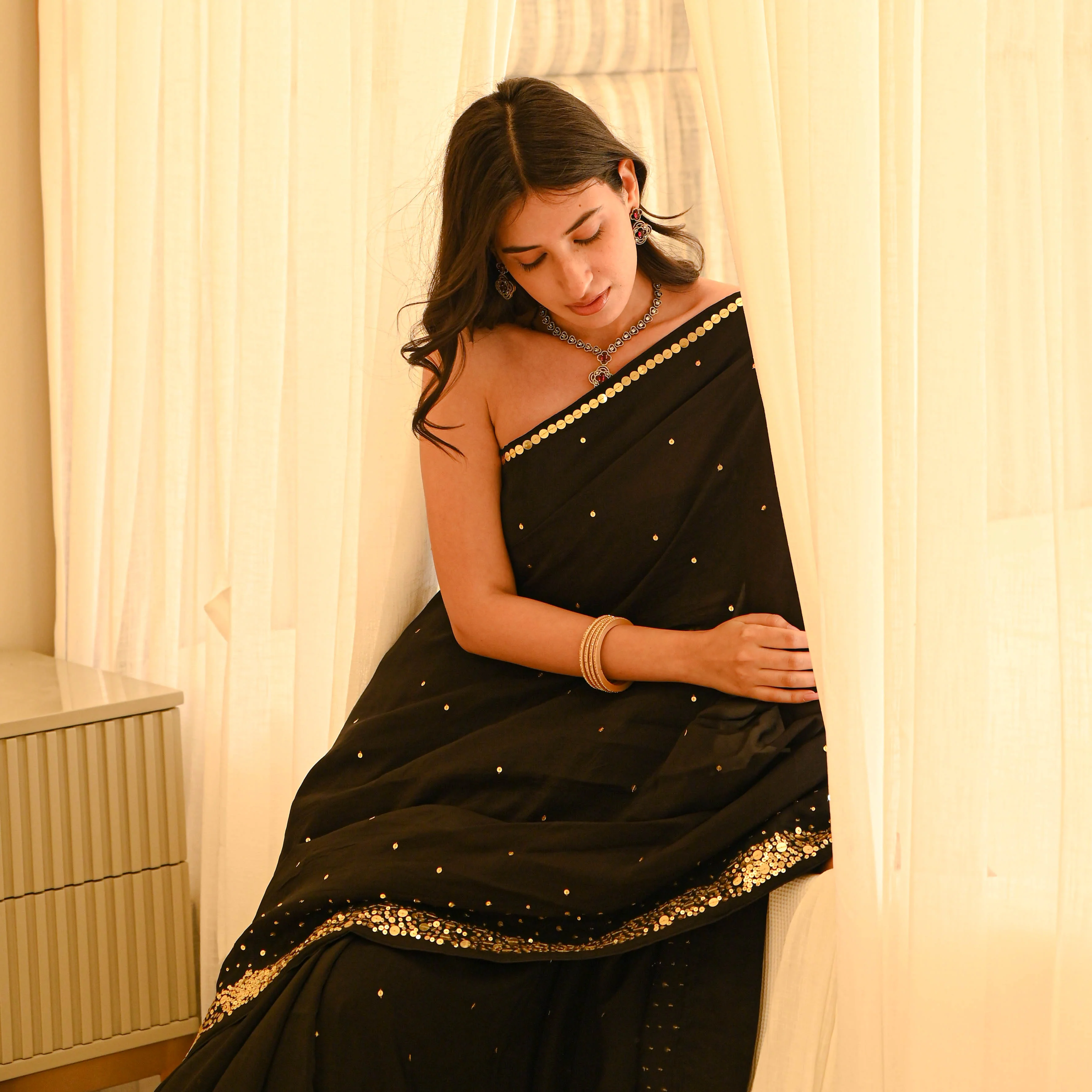 Charmed Black Organza Saree - Woolfily