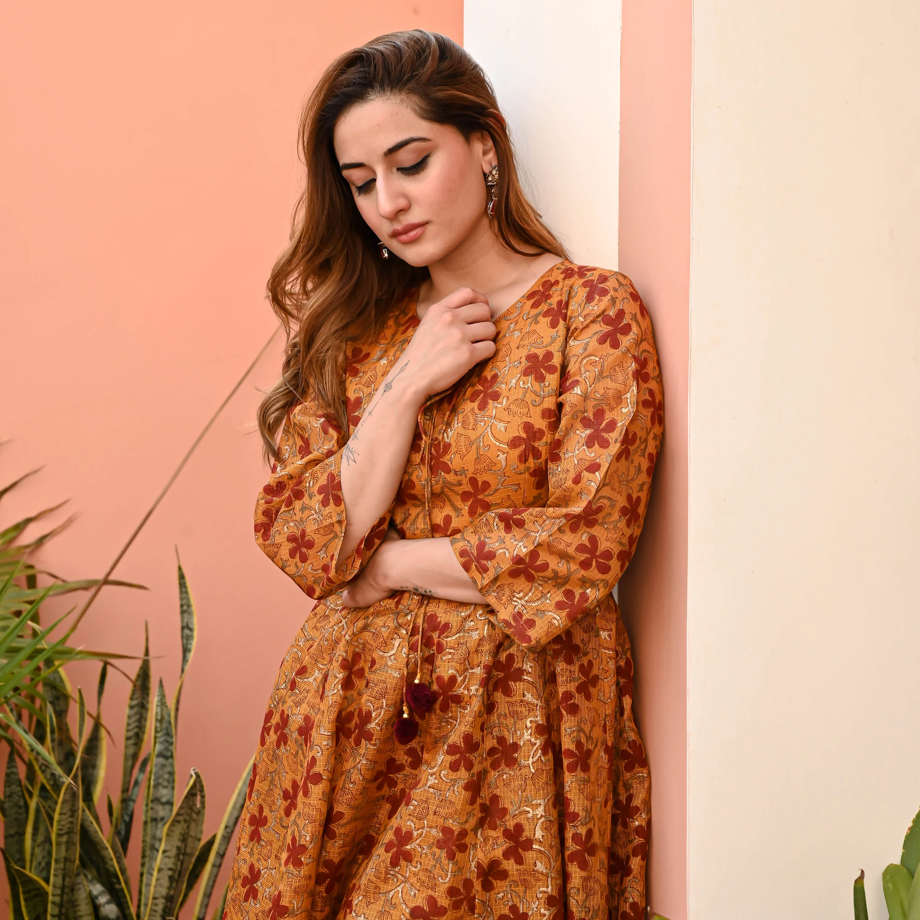 Mustard Maroon Kurta Set - Woolfily