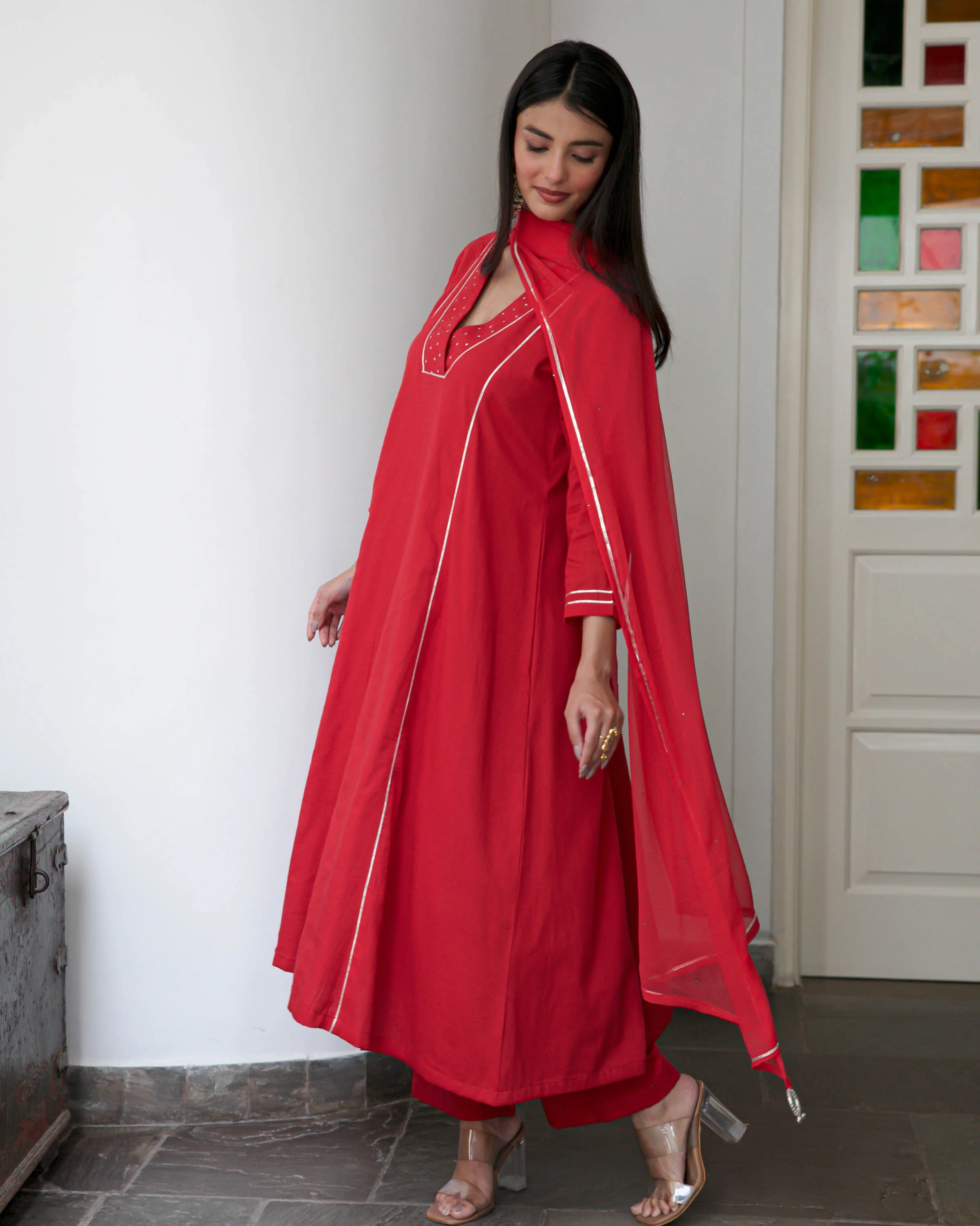 Red Cotton Suit Set - Woolfily